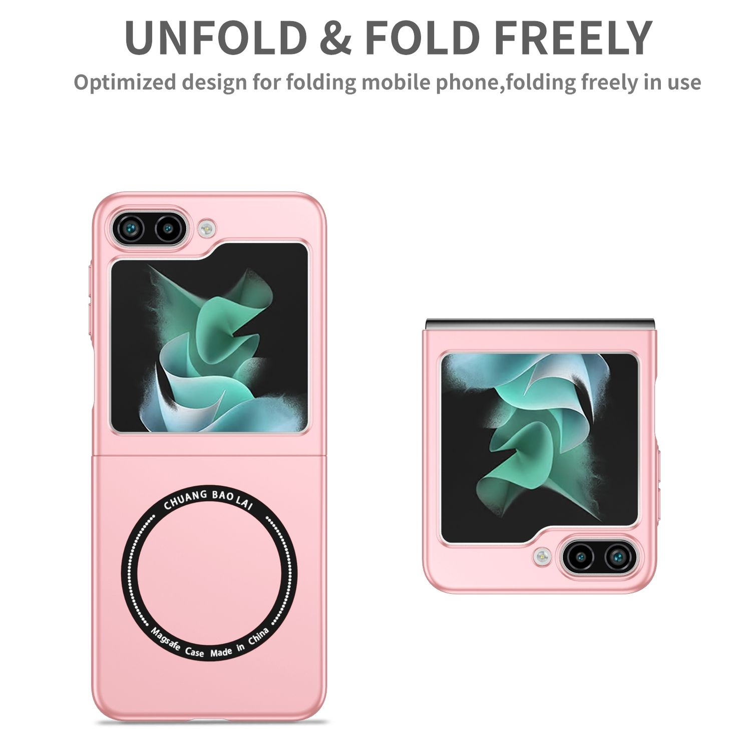 Rosa faltbare Handyhülle mit rosa Telefon darin, mit Text und Kreis.