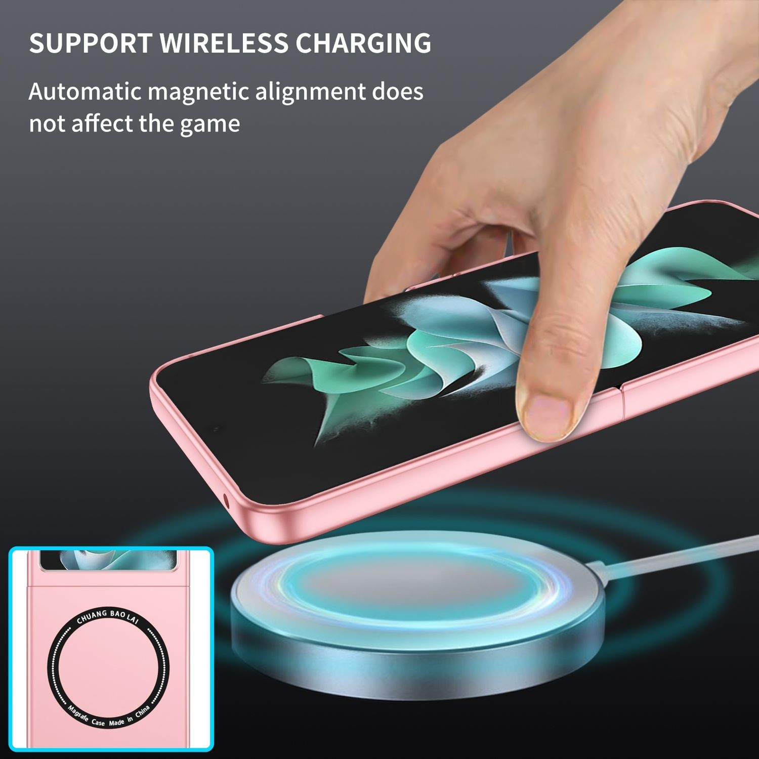 Ein Telefon auf einem kabellosen Ladegerät. Eine Hand hält das Telefon. Es ist in einer rosa Hülle.