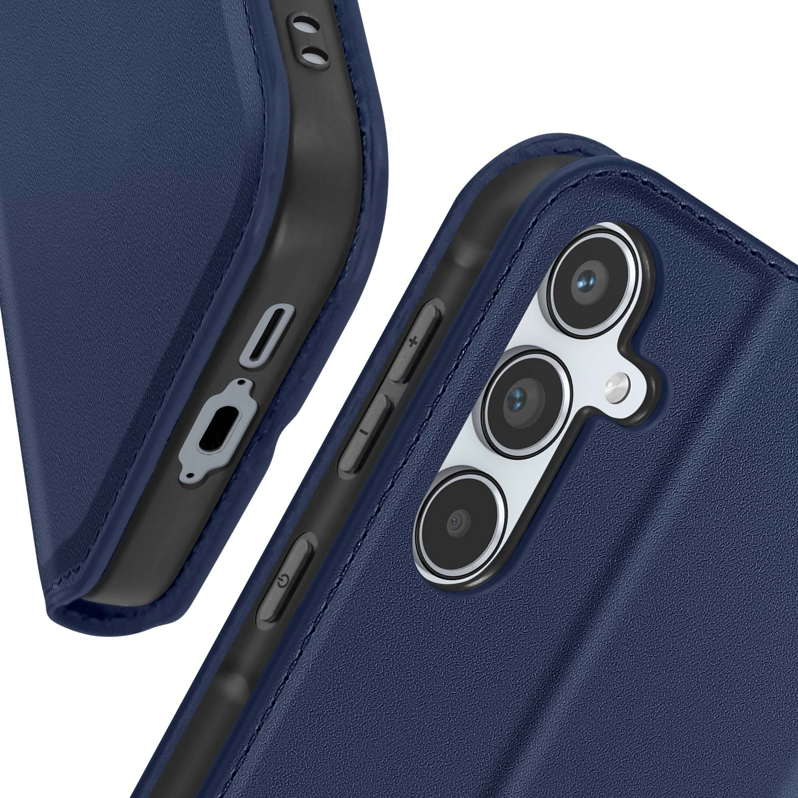 Primo piano di una custodia blu navy con pulsanti e dettagli della fotocamera.