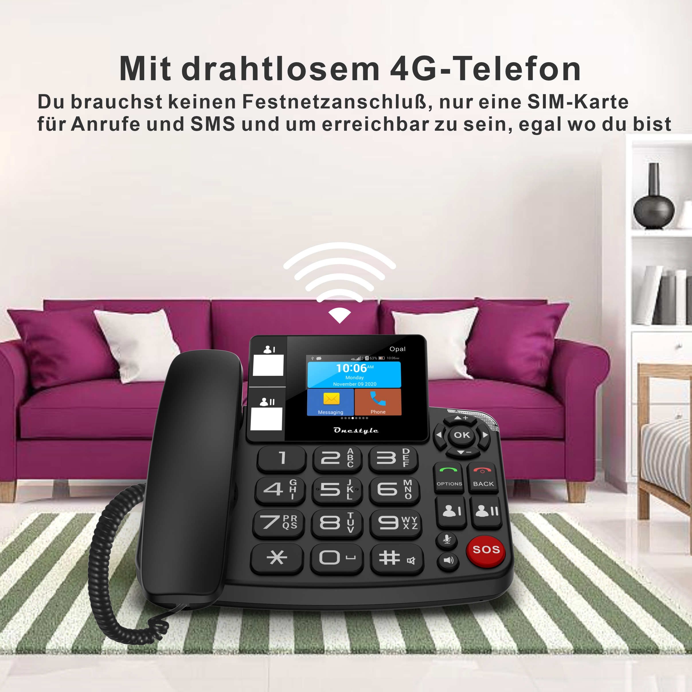 Telefono 4G cordless con schermo, numeri e pulsante SOS rosso. Testo in tedesco sullo sfondo.