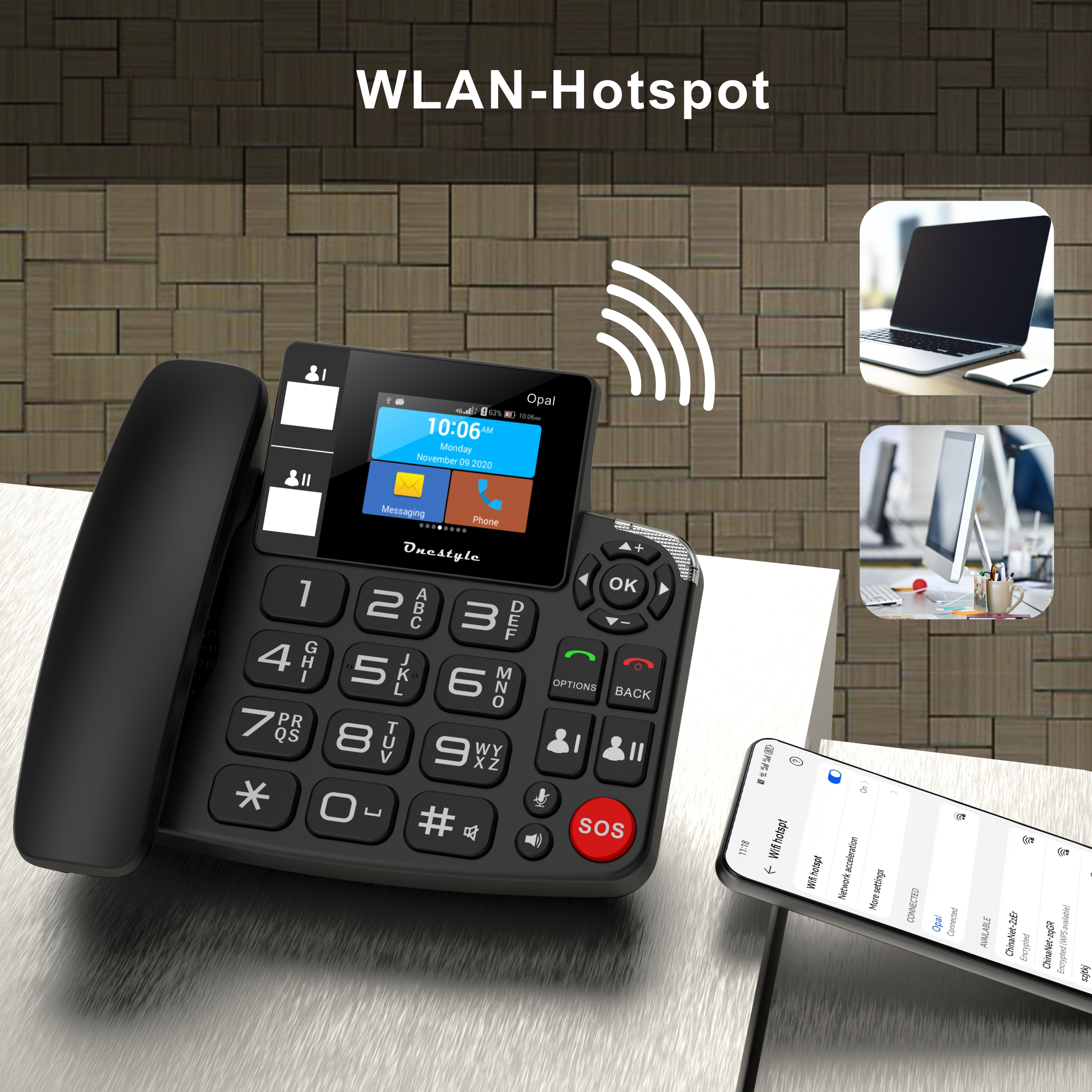 Telefono nero con tasti grandi e schermo che mostra l'ora e l'hotspot WLAN.
