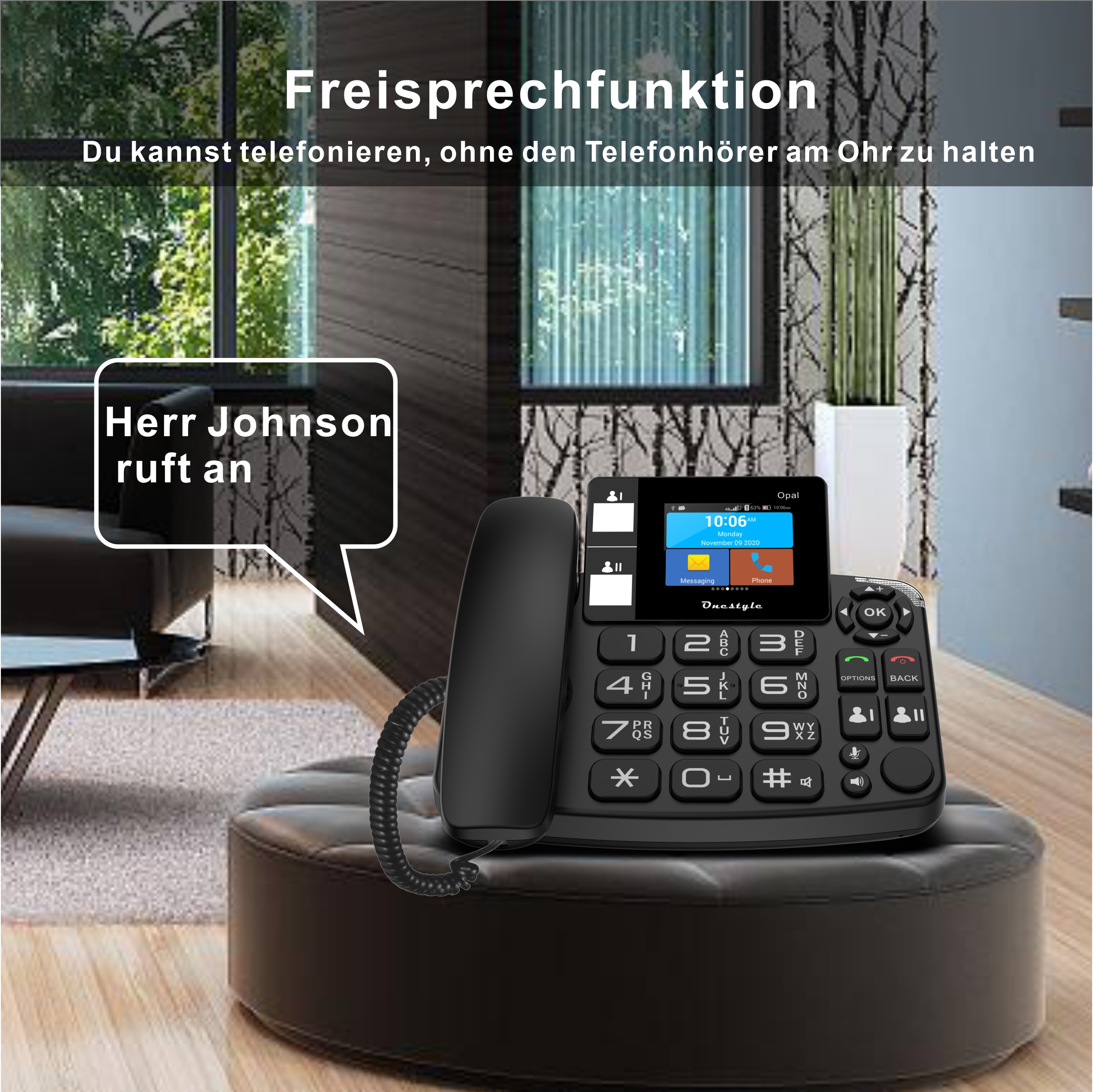 Telefono fisso nero su un pouf nero, con fumetto e testo.