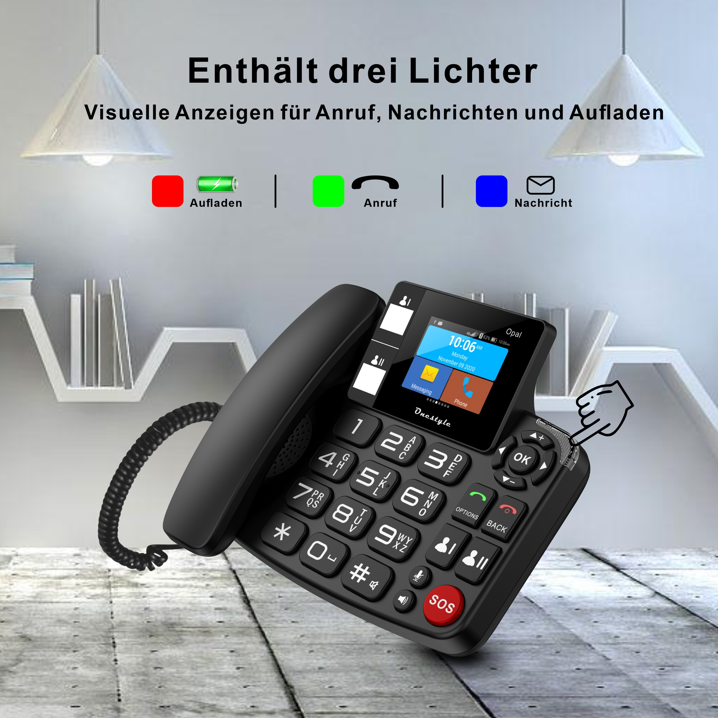 Telefono fisso nero con schermo e luci. Le luci indicano carica, chiamata e messaggio.
