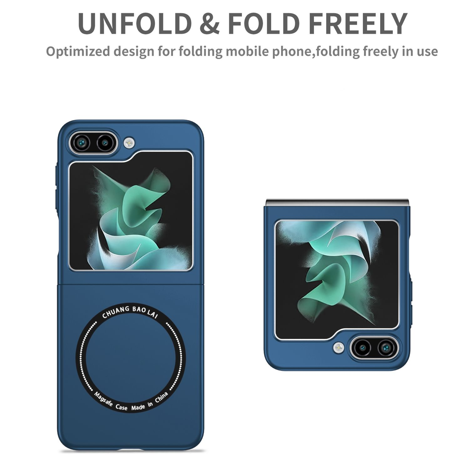 Eine blaue, faltbare Telefonhülle in zwei Positionen. Der Hintergrund ist weiß.
