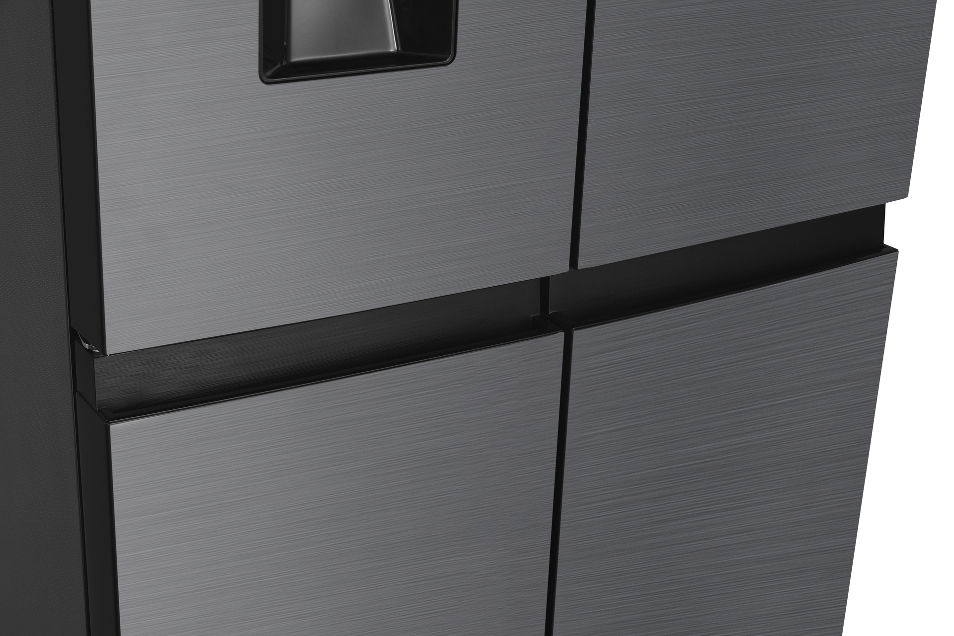 Black refrigerator doors with a brushed metal appearance. Handles and a water dispenser are visible.