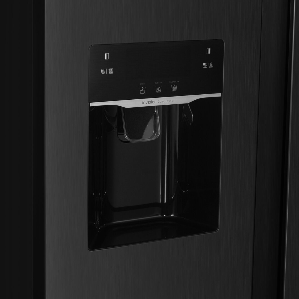 Black refrigerator with a water and ice dispenser.