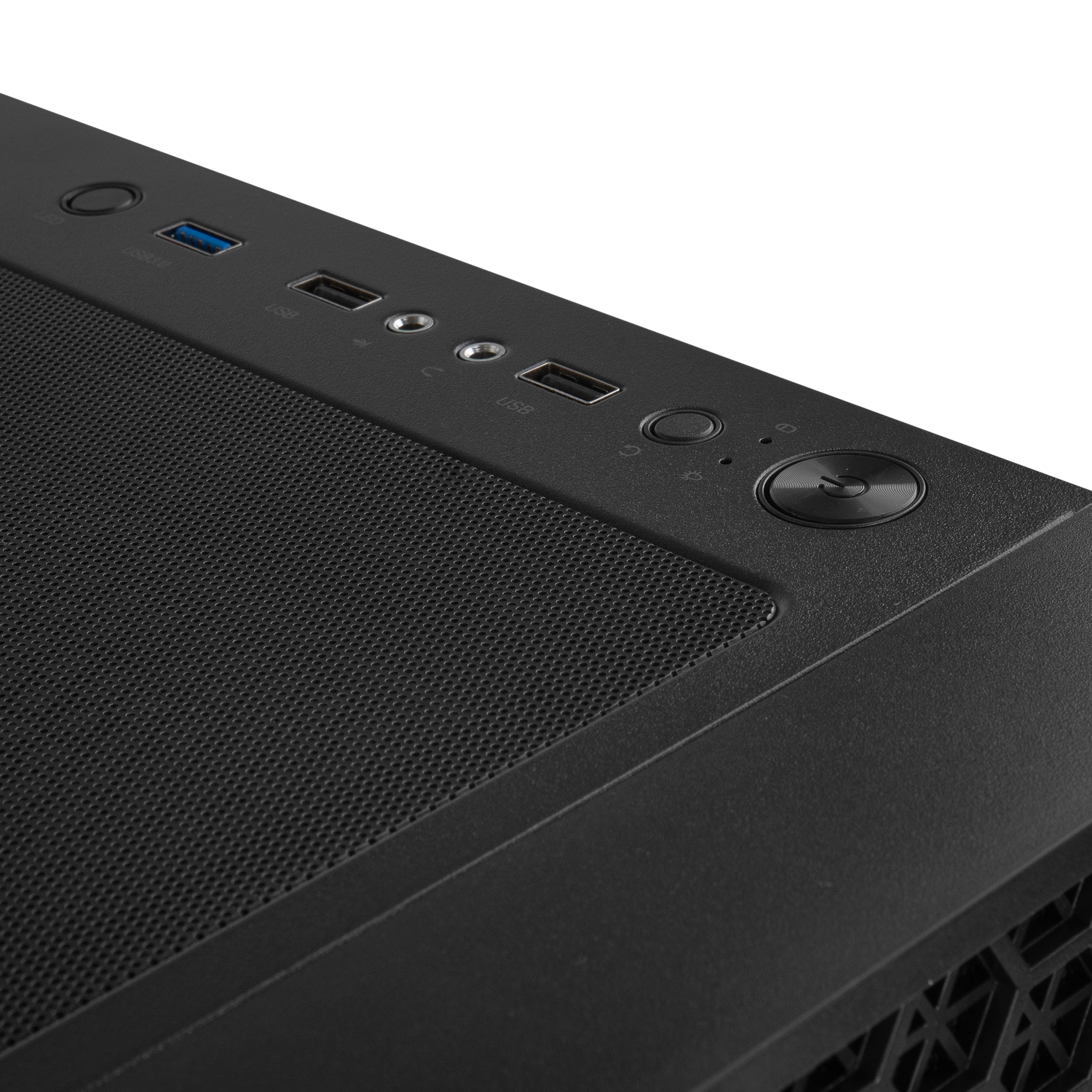 Parte superior de caja de computadora negra. Puertos USB, botón de encendido y rejilla de ventilación visibles.