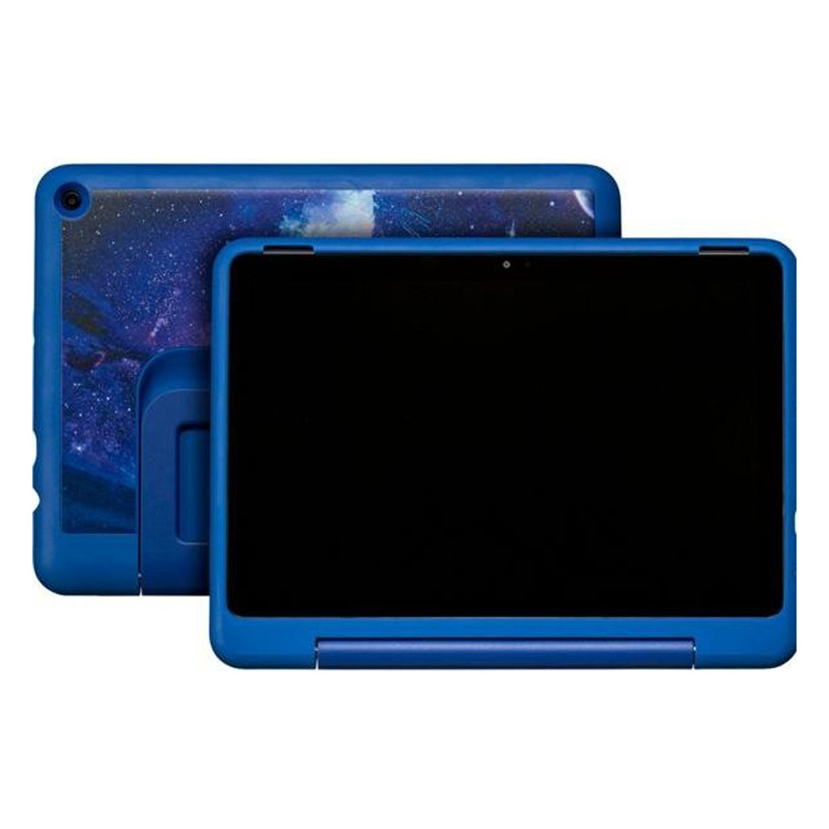 Ein blaues Tablet mit dunklem Bildschirm. Die Rückseite hat ein Galaxiedesign.