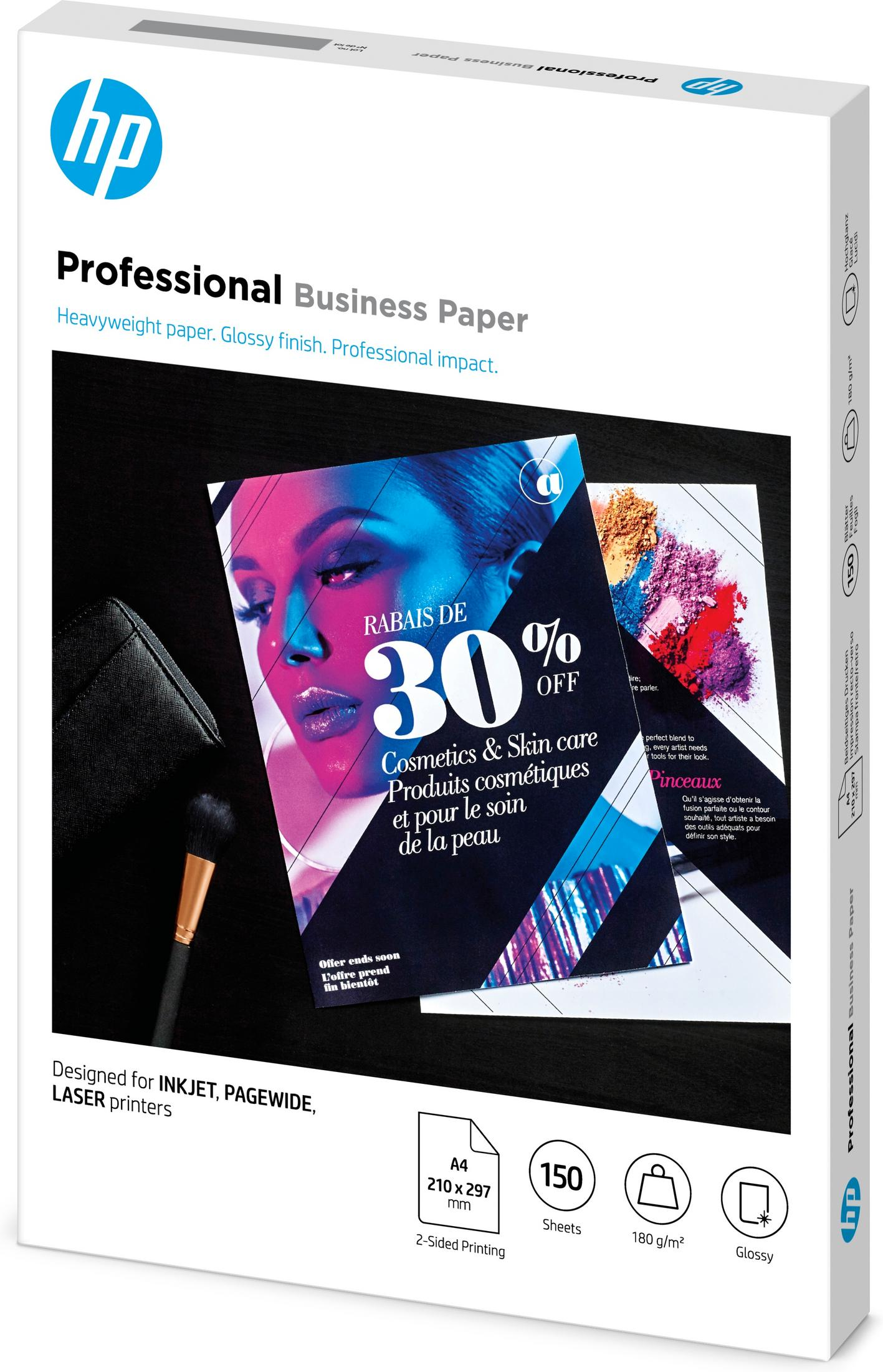 Weißer Papierkarton mit der Aufschrift 'Professional Business Paper'. Mit Zeitschriften-Cover, Tuschepinsel und schwarzer Tasche.