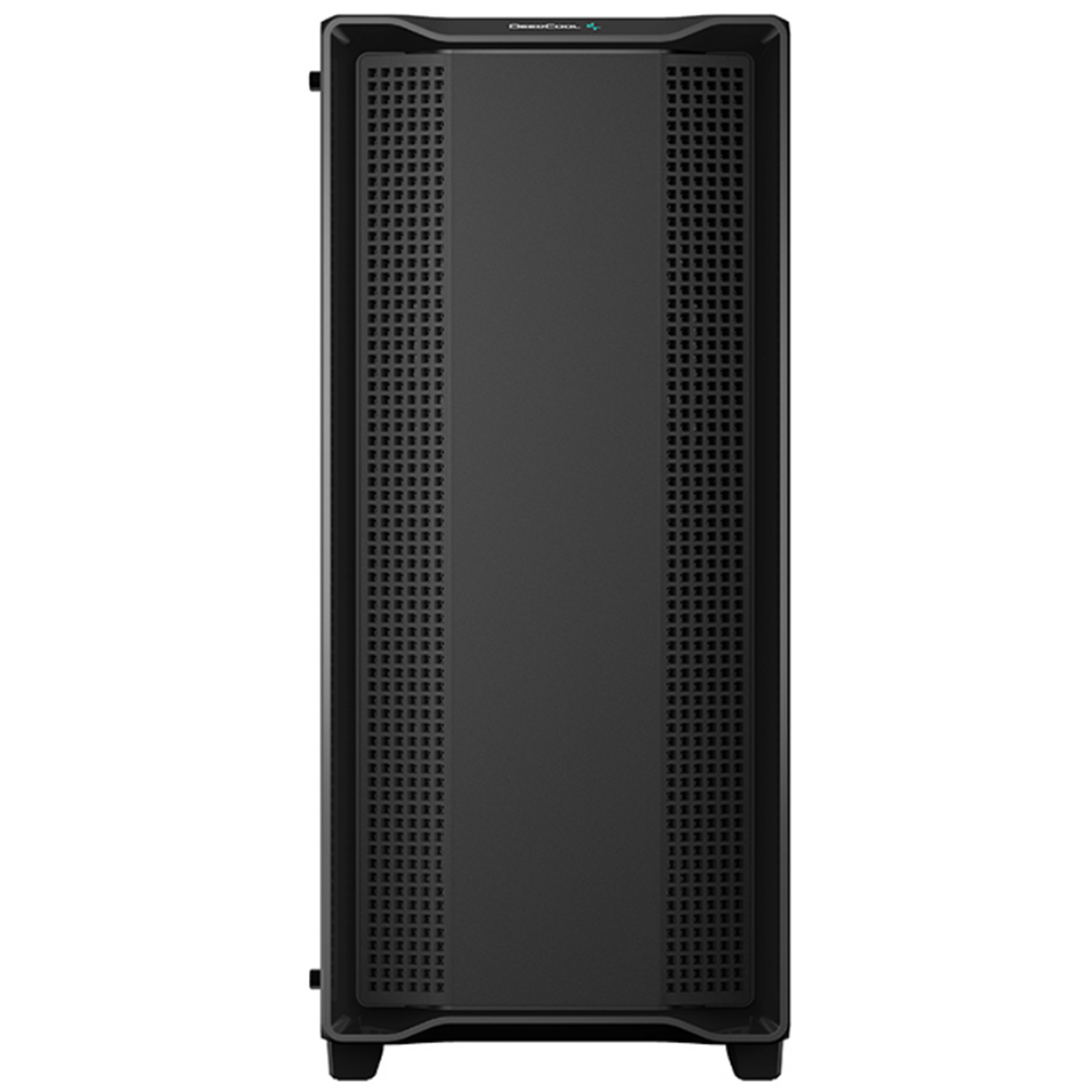Caja de ordenador negra, vista frontal, superficie texturizada.