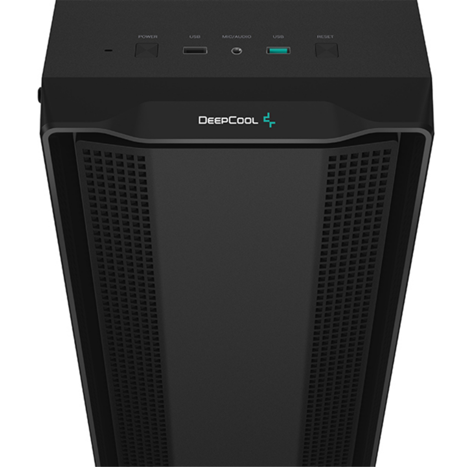 Una caja de computadora negra con un panel frontal de malla y el logotipo de DeepCool.