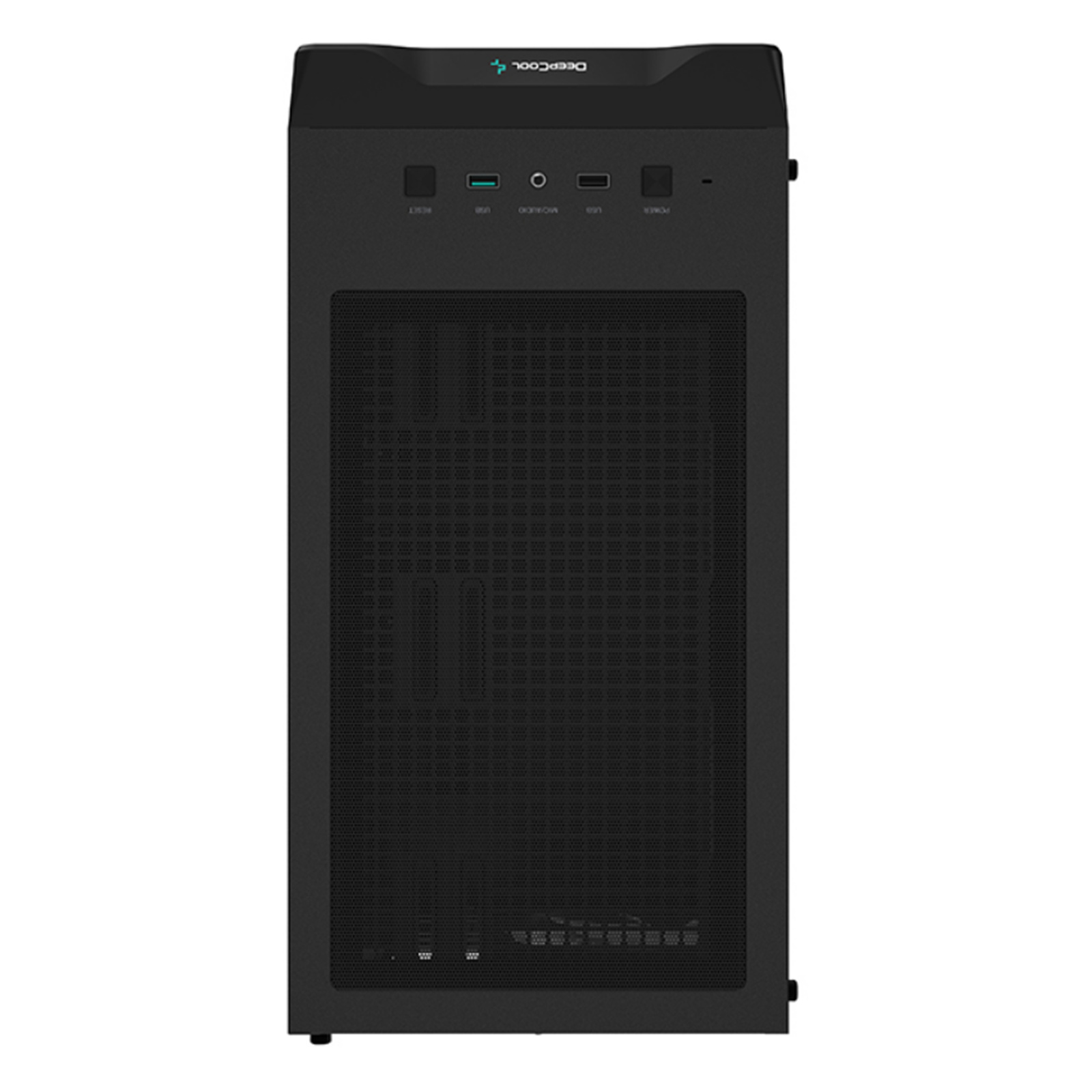 Caja de ordenador negra con frontal de rejilla y botones en la parte superior. La marca es DeepCool.