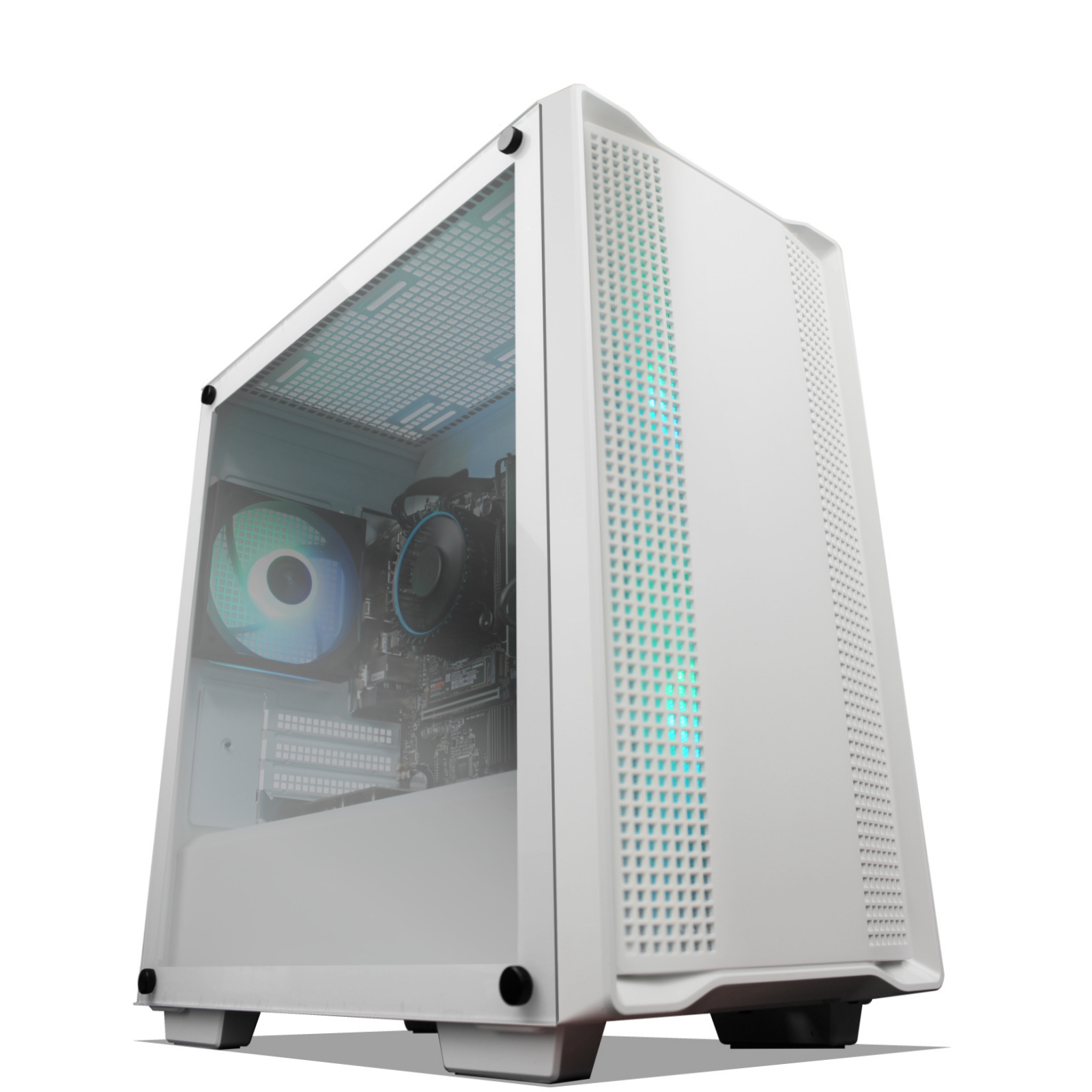 Una caja de computadora blanca con un panel de vidrio. Los componentes internos son visibles, incluido un ventilador con iluminación.