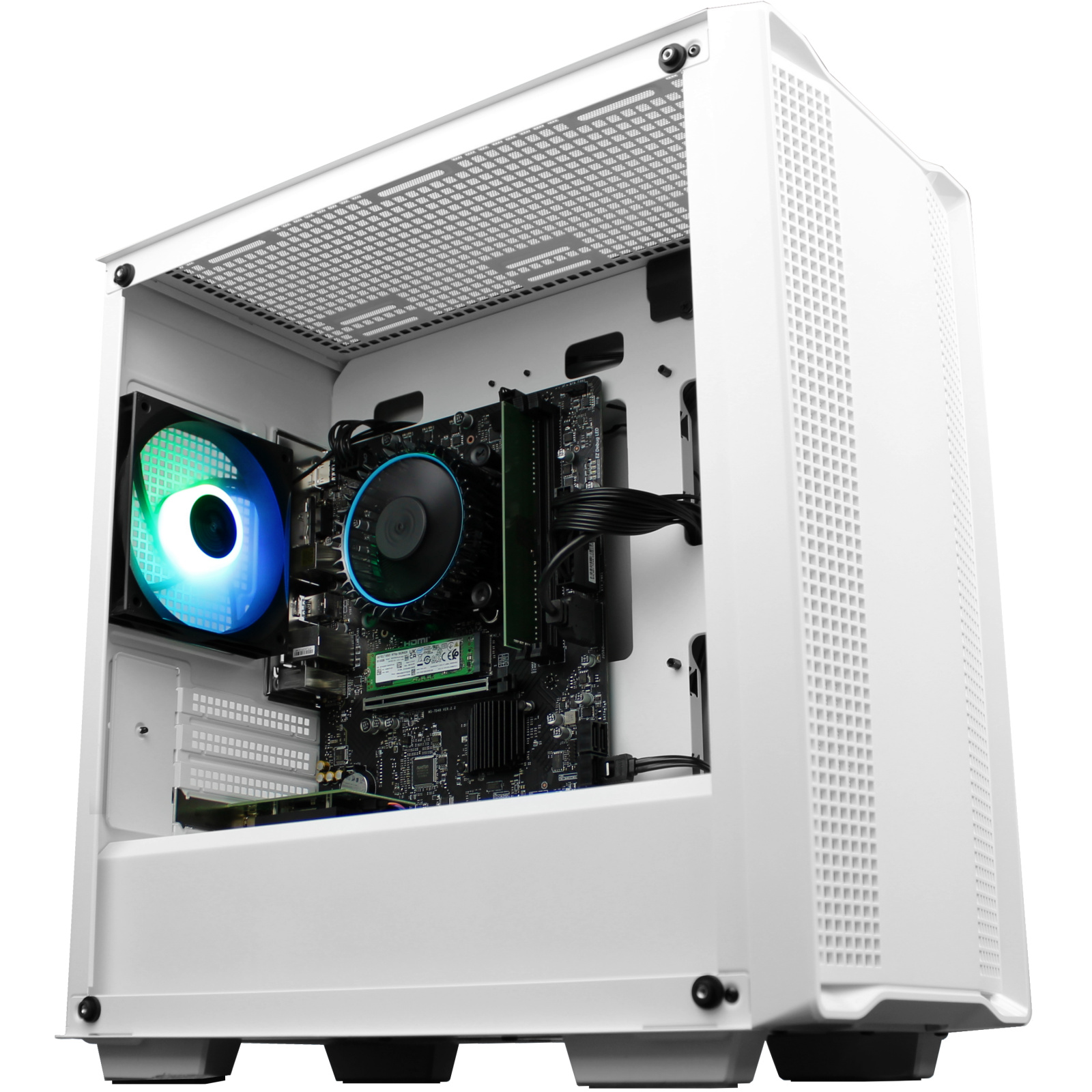 Carcasa de computadora blanca abierta con componentes internos. Ventilador azul y verde, placa base y otras partes visibles.