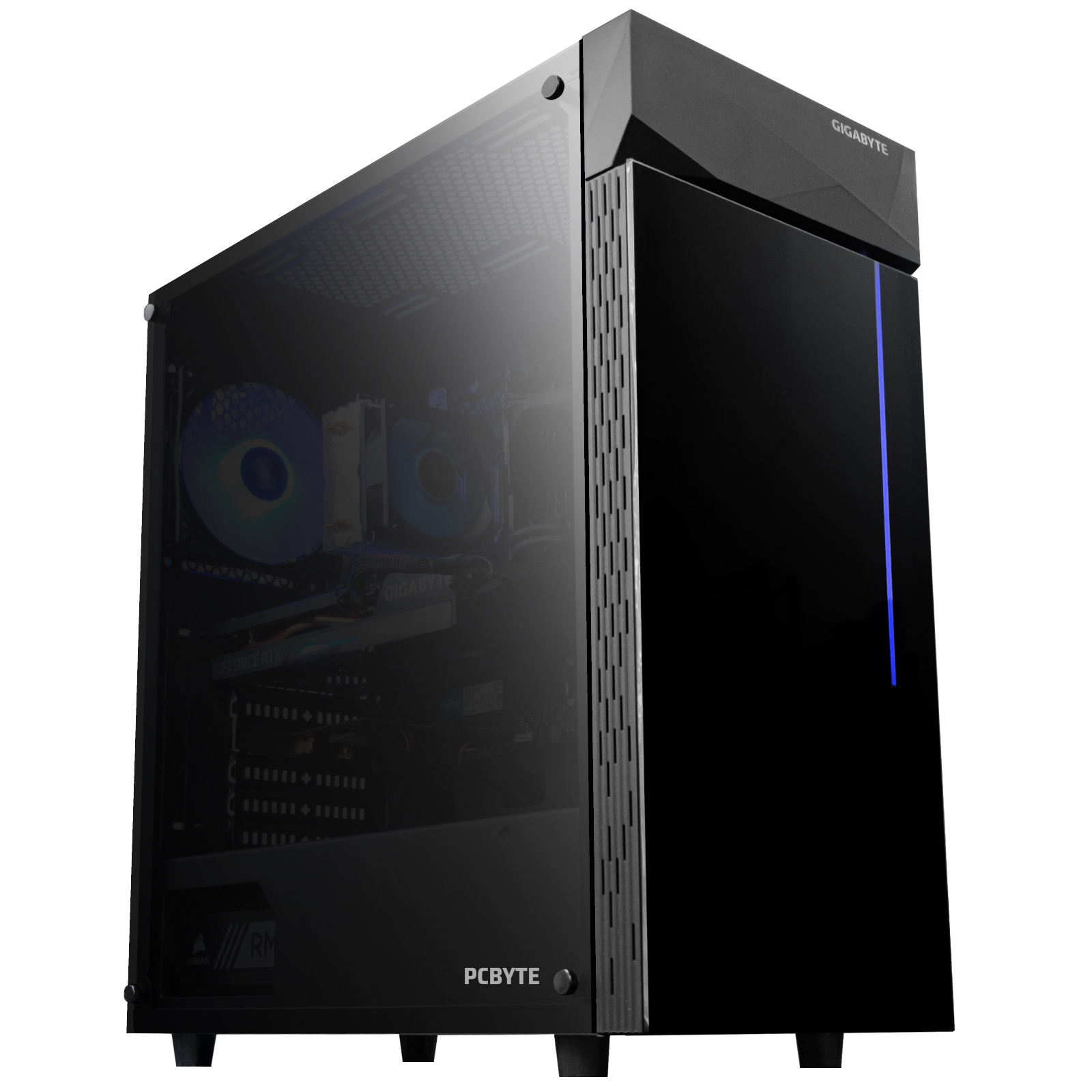 Una caja de PC negra con un panel lateral de vidrio, mostrando componentes internos y luces azules.