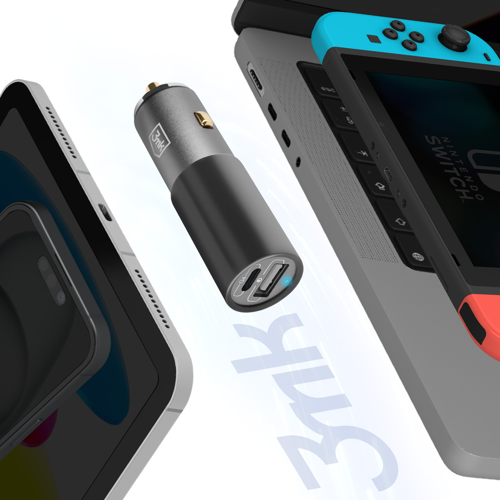 Ładowarka samochodowa z iPadem i Nintendo Switch. Białe tło.