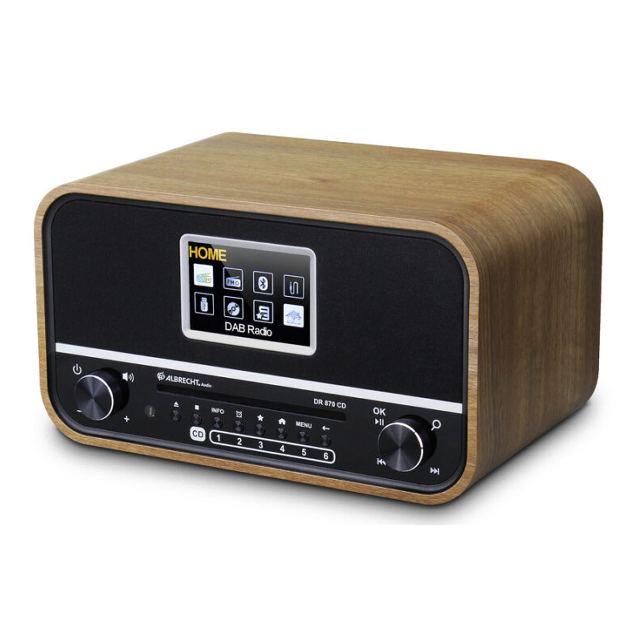 DAB-Radio aus Holz mit schwarzer Frontplatte, Display und Drehknöpfen. Ein sauberes, modernes Design.