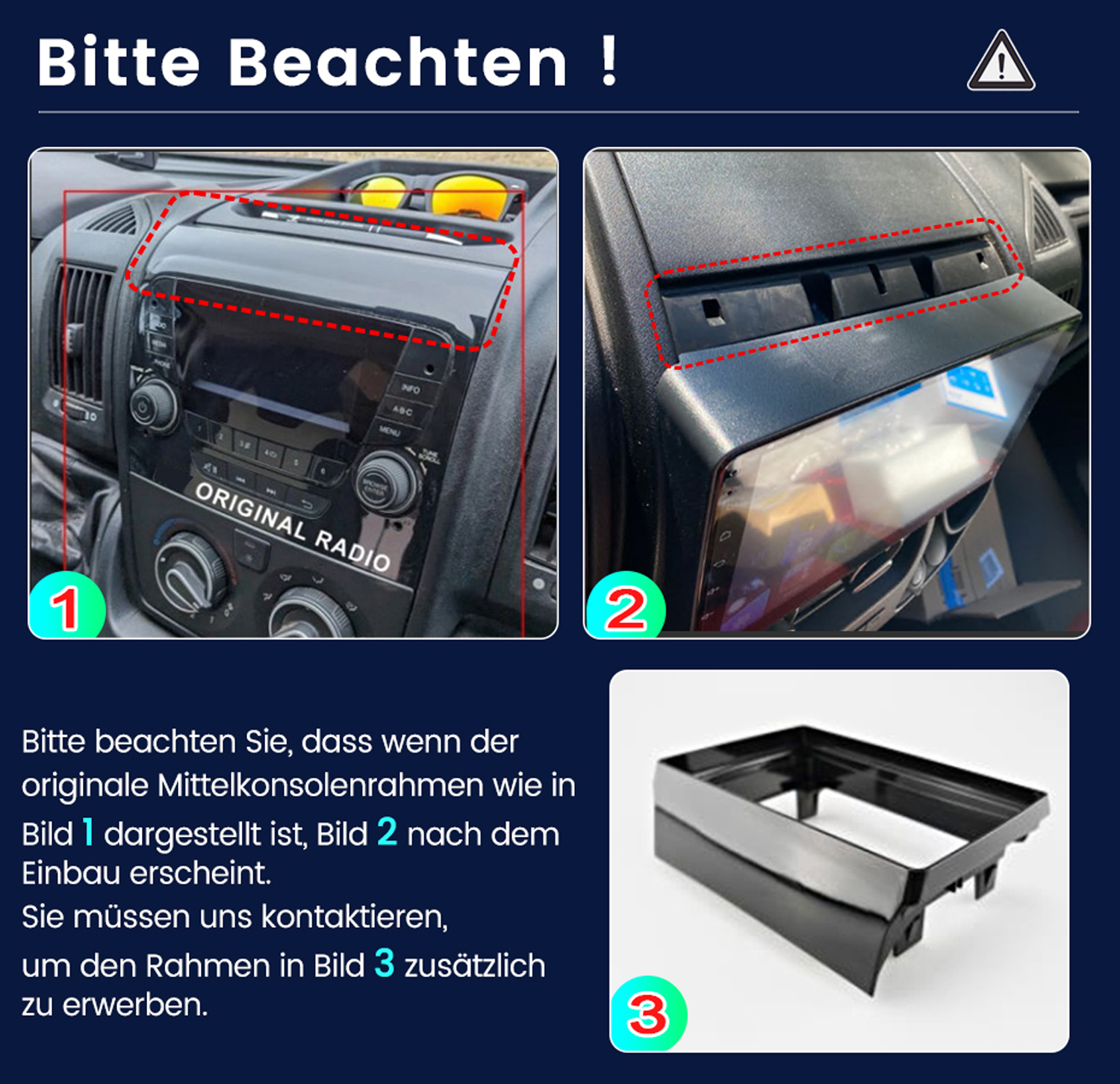Dashboard-Modifikationsanleitung. Bilder zeigen Originalradio und Ersatzrahmen.