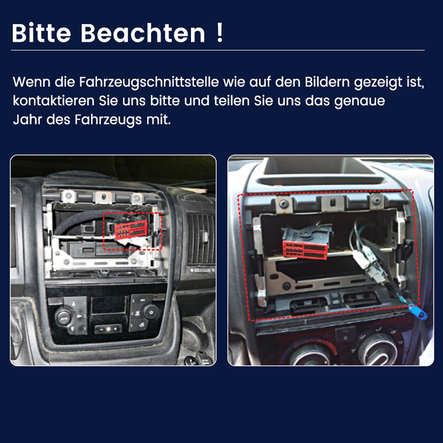 Armaturenbrett mit rot markierten Steckern. Zwei Bilder nebeneinander.