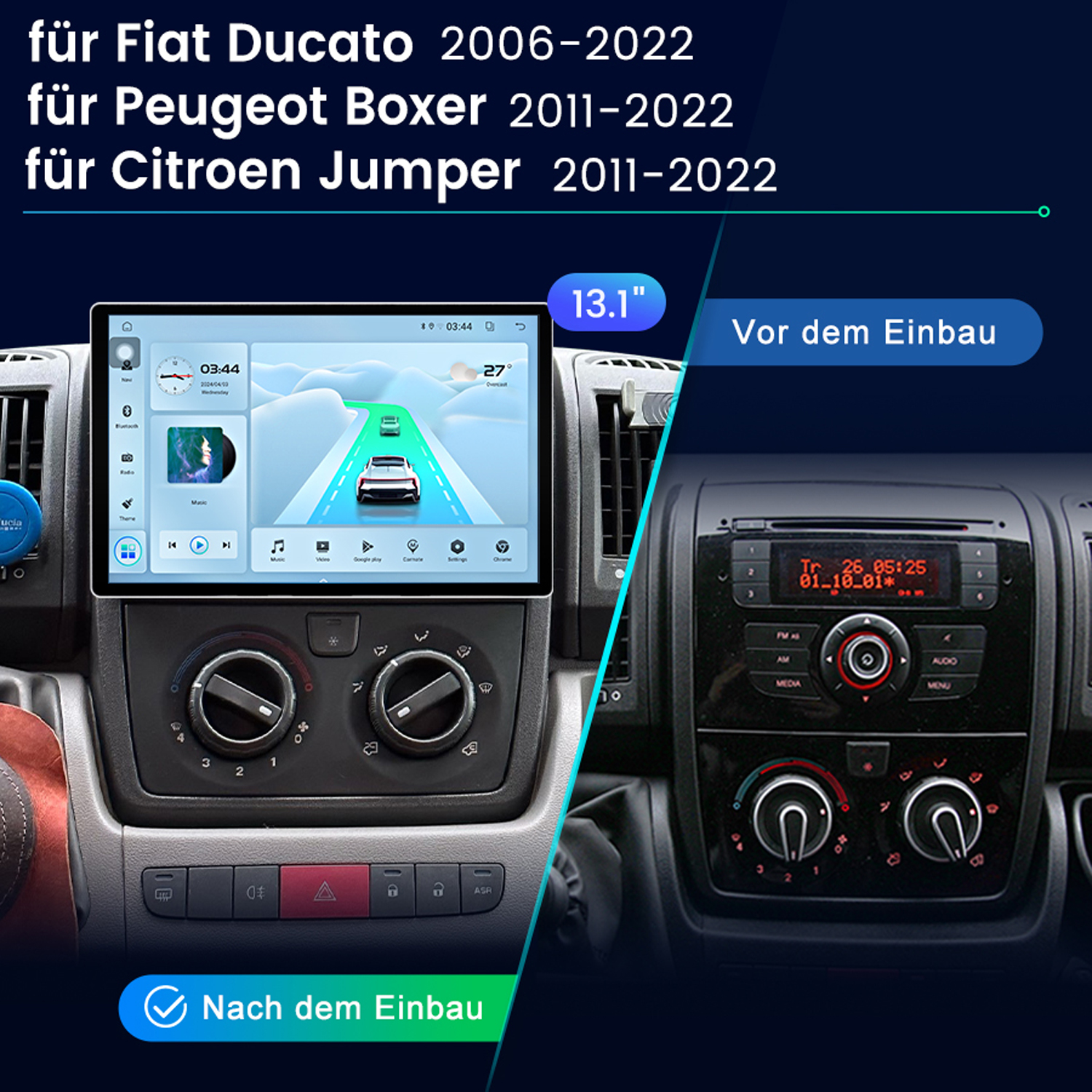 Autoradio-Bildschirm mit Karte und Musiksteuerung. Es ist in einem Armaturenbrett installiert.