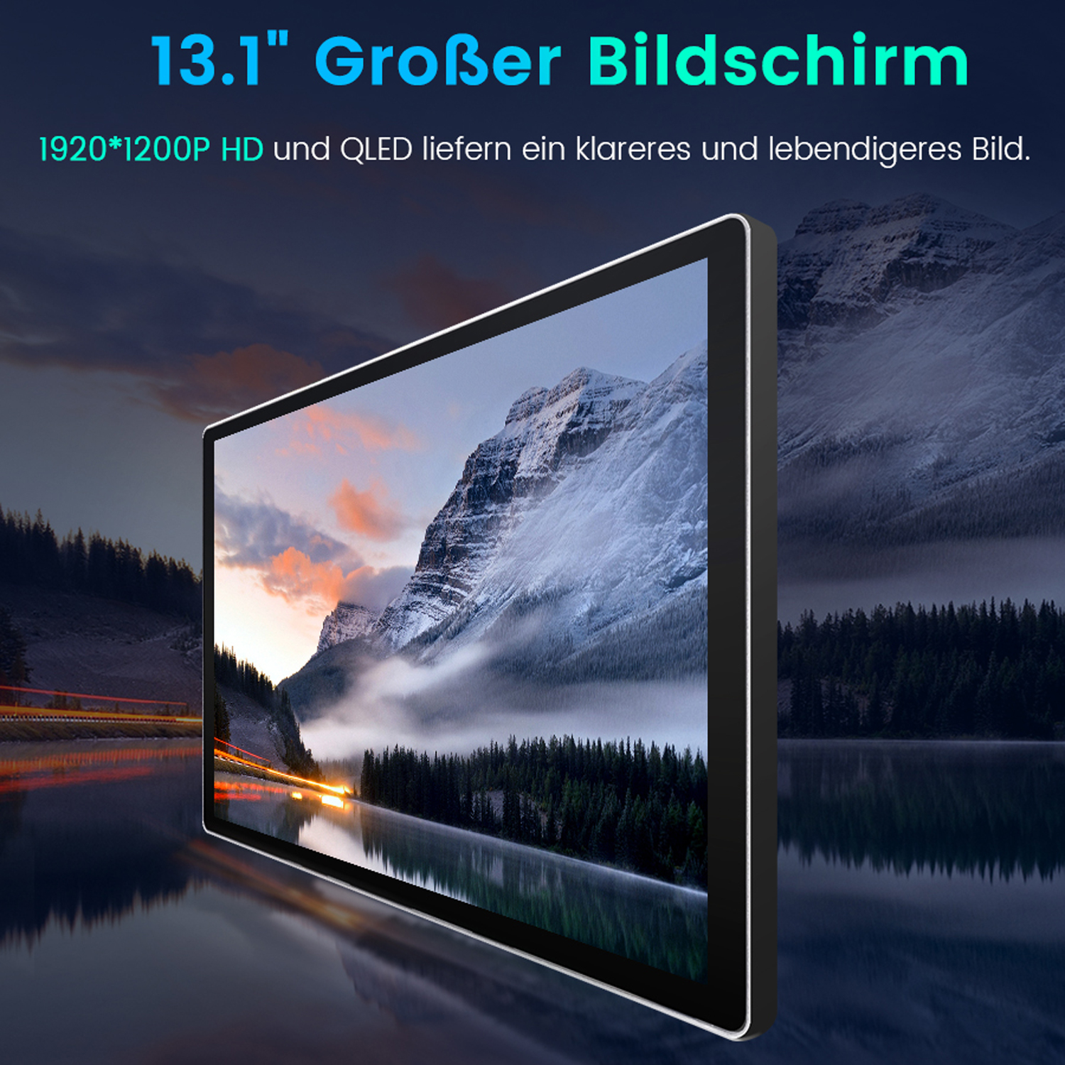 13,1" Bildschirm mit Bergpanorama und verschwommenem Stadtlicht in der Ecke.