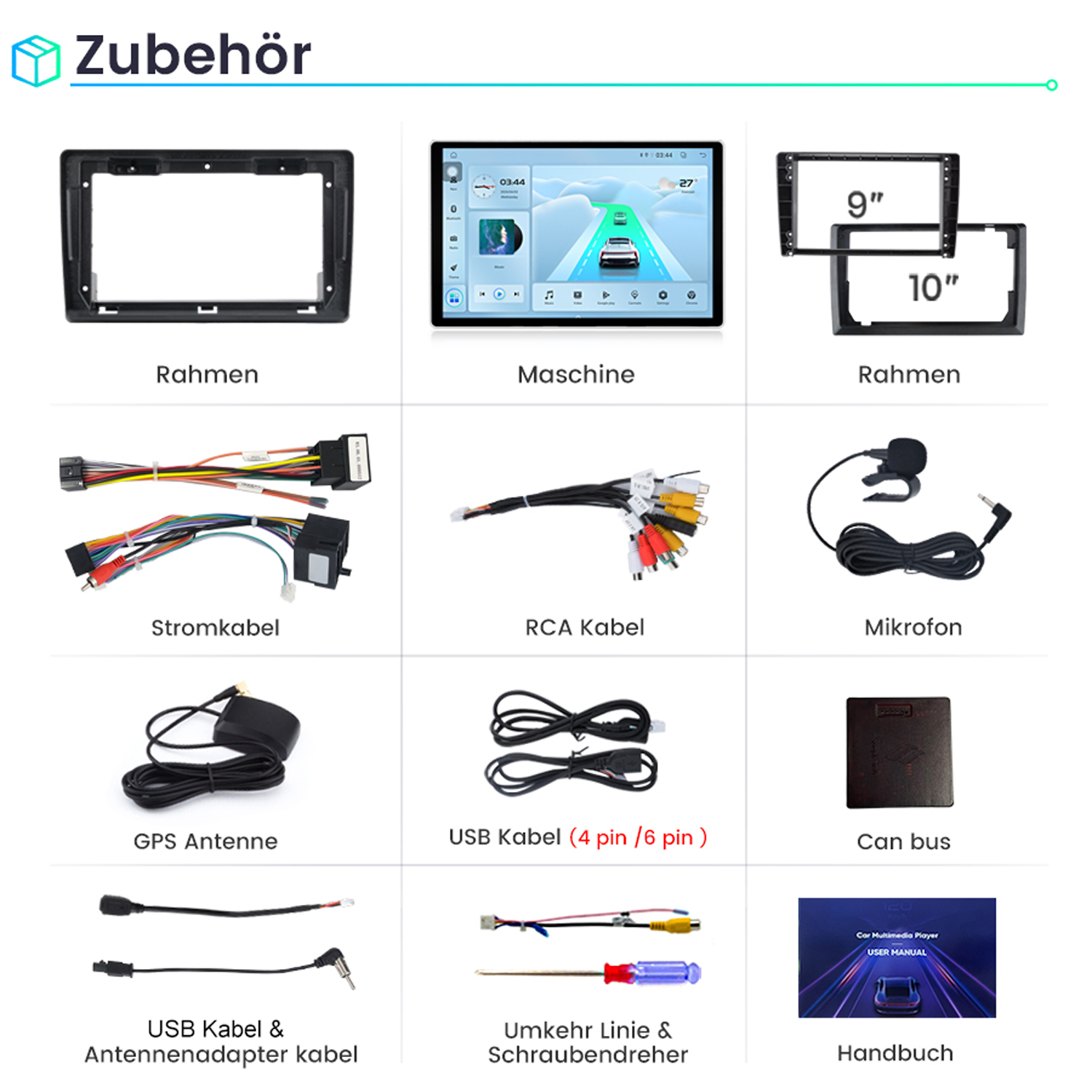 Eine Sammlung von Autozubehör, darunter ein Radio, Kabel und eine GPS-Antenne.