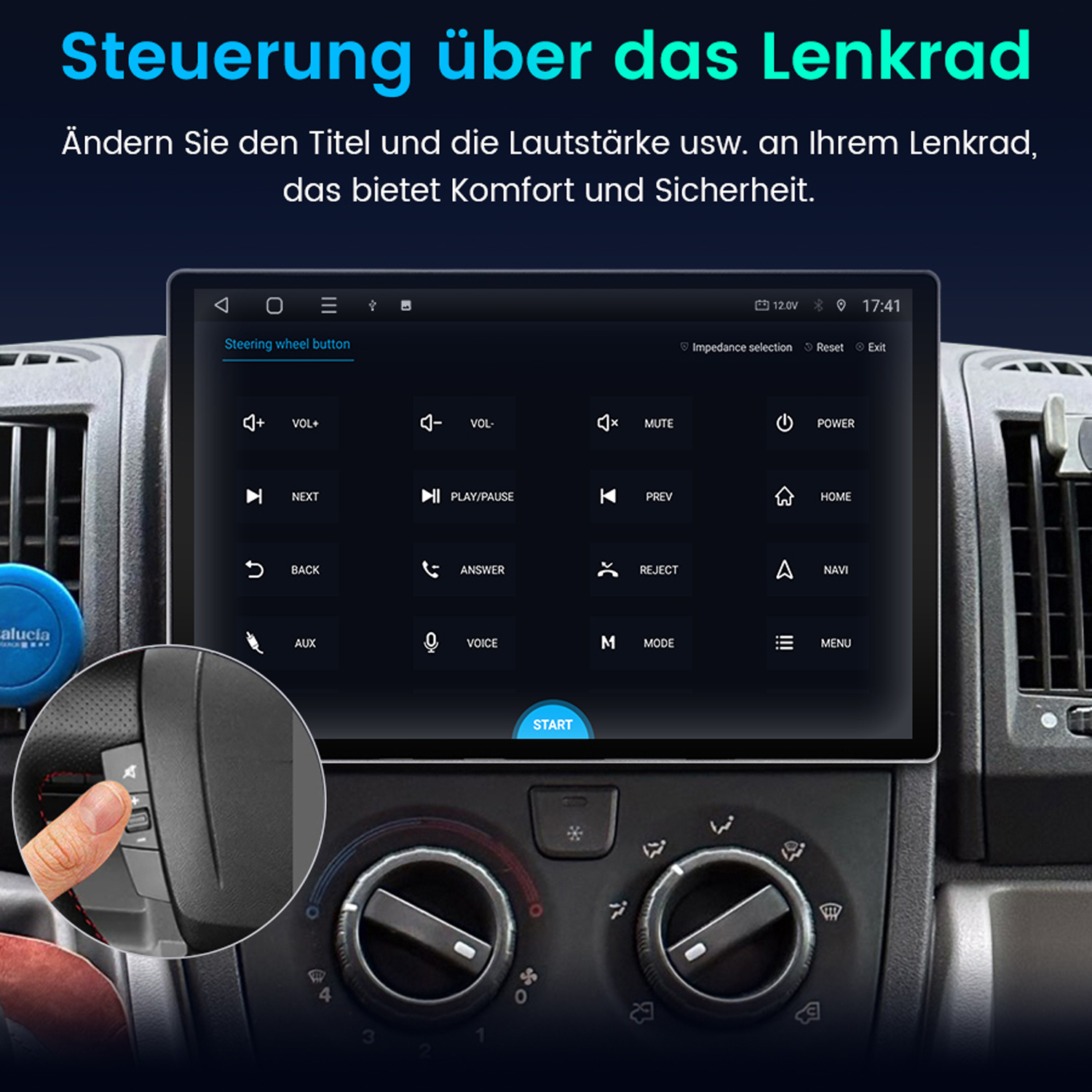 Ein Autoradiobildschirm mit Knöpfen, eine Hand drückt eine Taste. Text auf Deutsch über Steuerung.