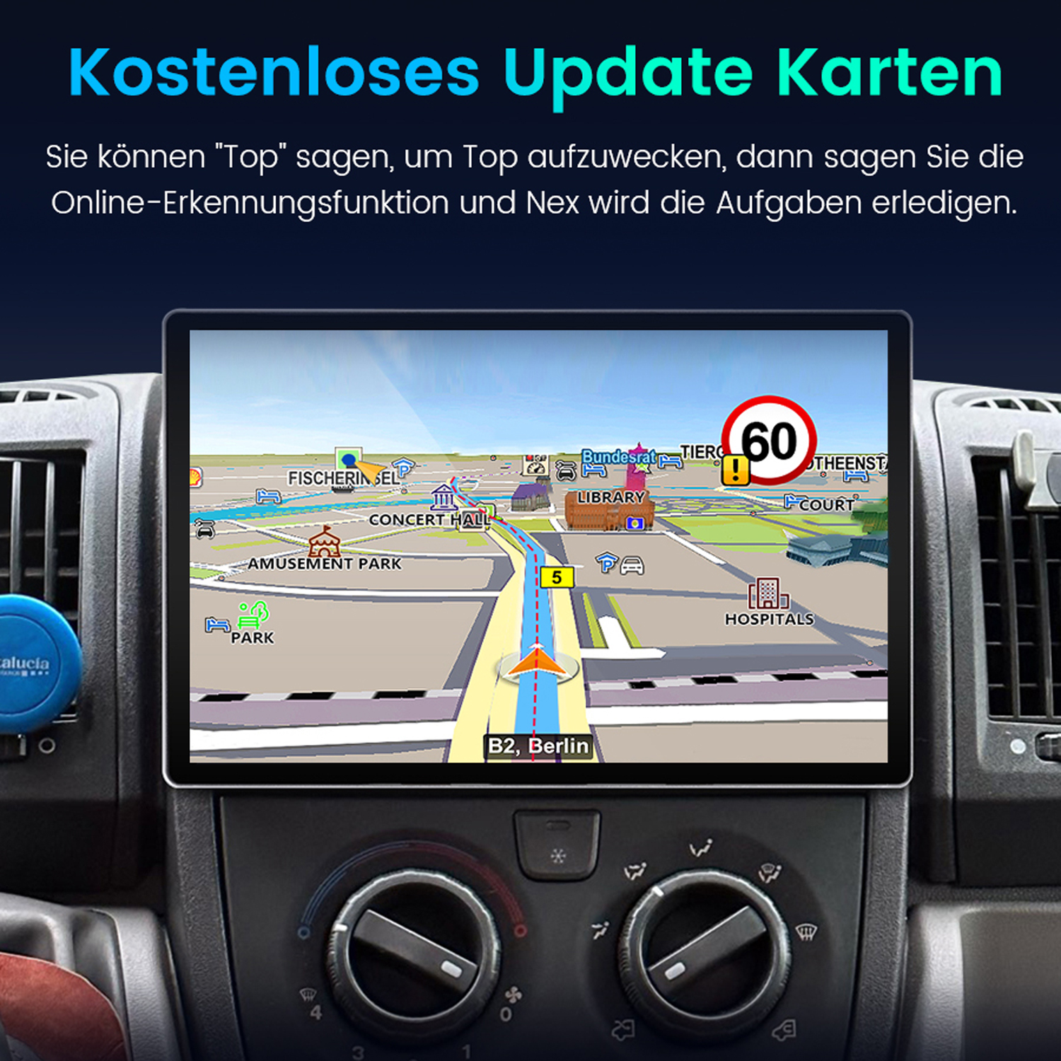 Auto-Armaturenbrett mit GPS-Bildschirm. Zeigt eine Karte mit Route, Geschwindigkeitsbegrenzung und Text 'Kostenloses Update Karten'.
