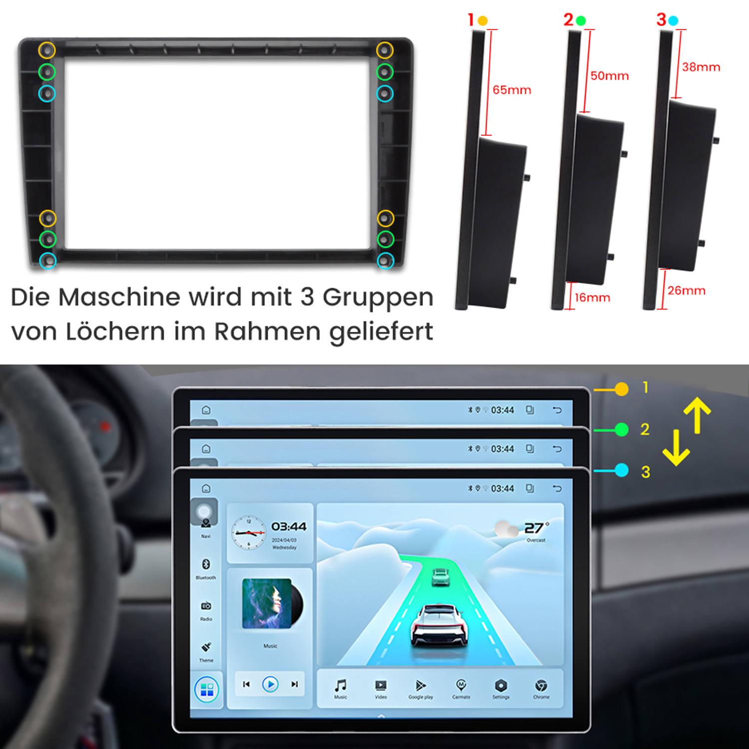 Autoradio-Headunit mit drei austauschbaren Rahmen und Bildschirmanzeige.
