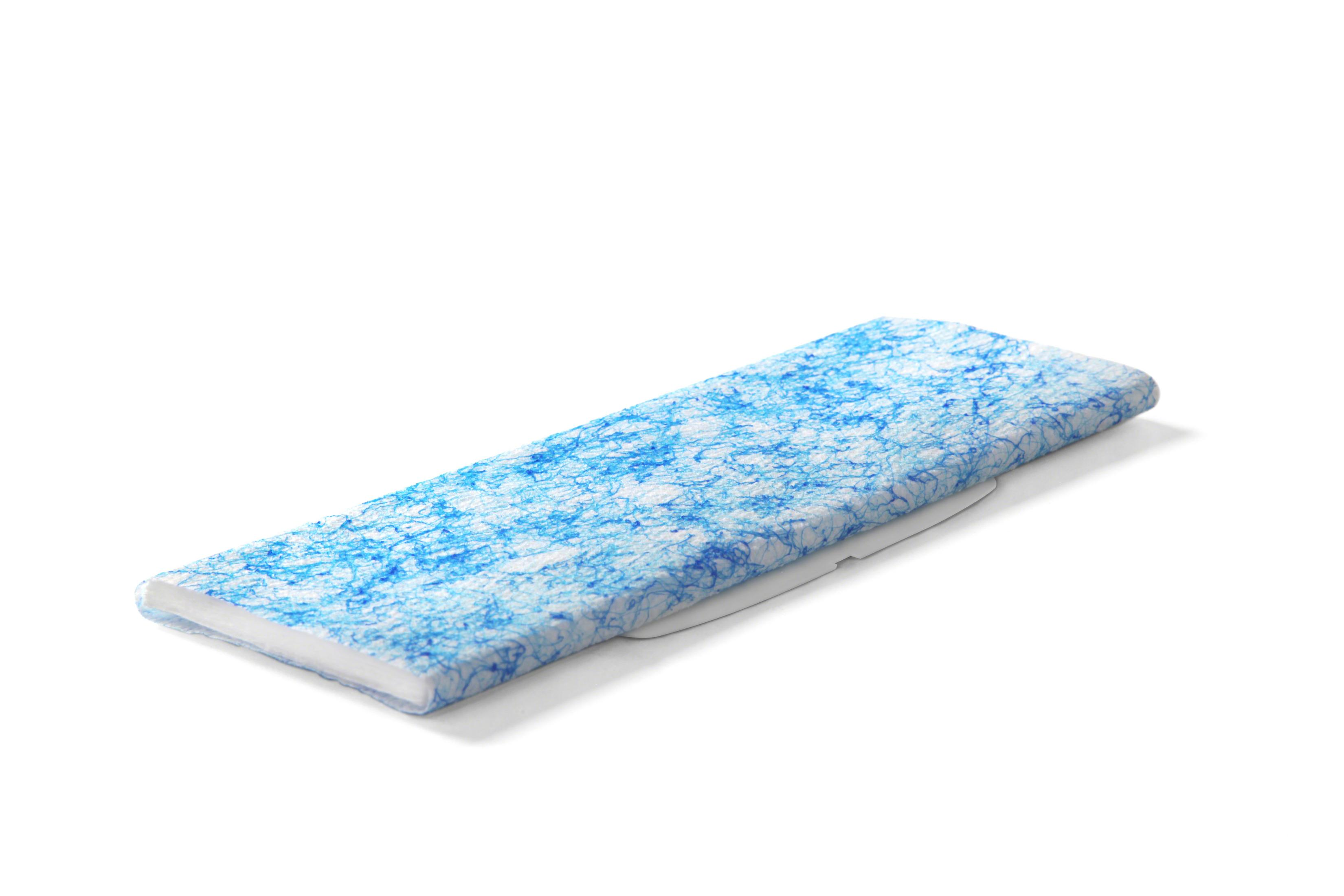 Ein blau-weißes Reinigungspad vor weißem Hintergrund. Das Pad hat eine weiße Rückseite.