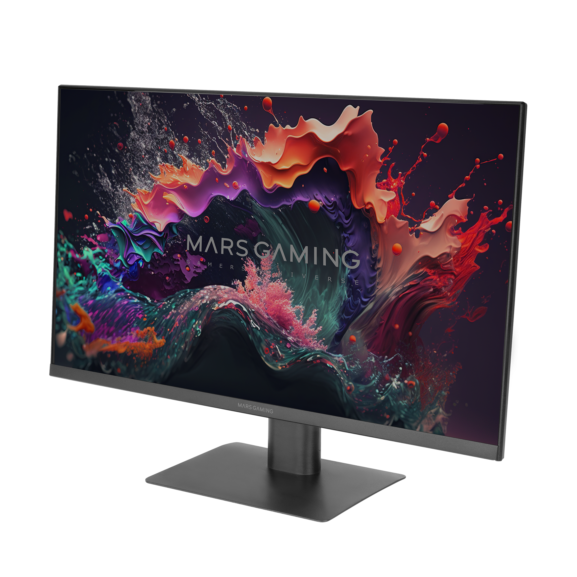 Monitor o szerokim ekranie z kolorowym tłem. Monitor zawiera tekst „MARS GAMING”.