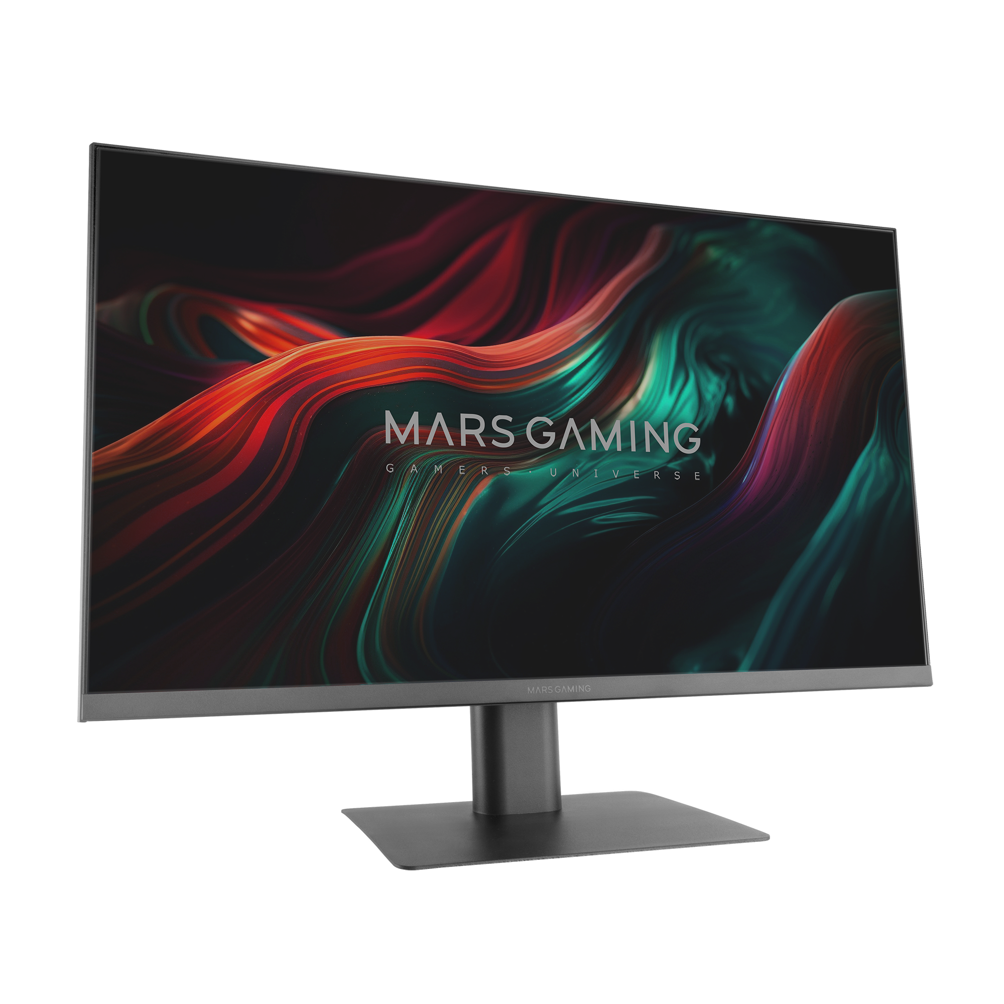 Monitor komputerowy z ciemnym ekranem, z tekstem 'MARS GAMING' i czarną podstawą.
