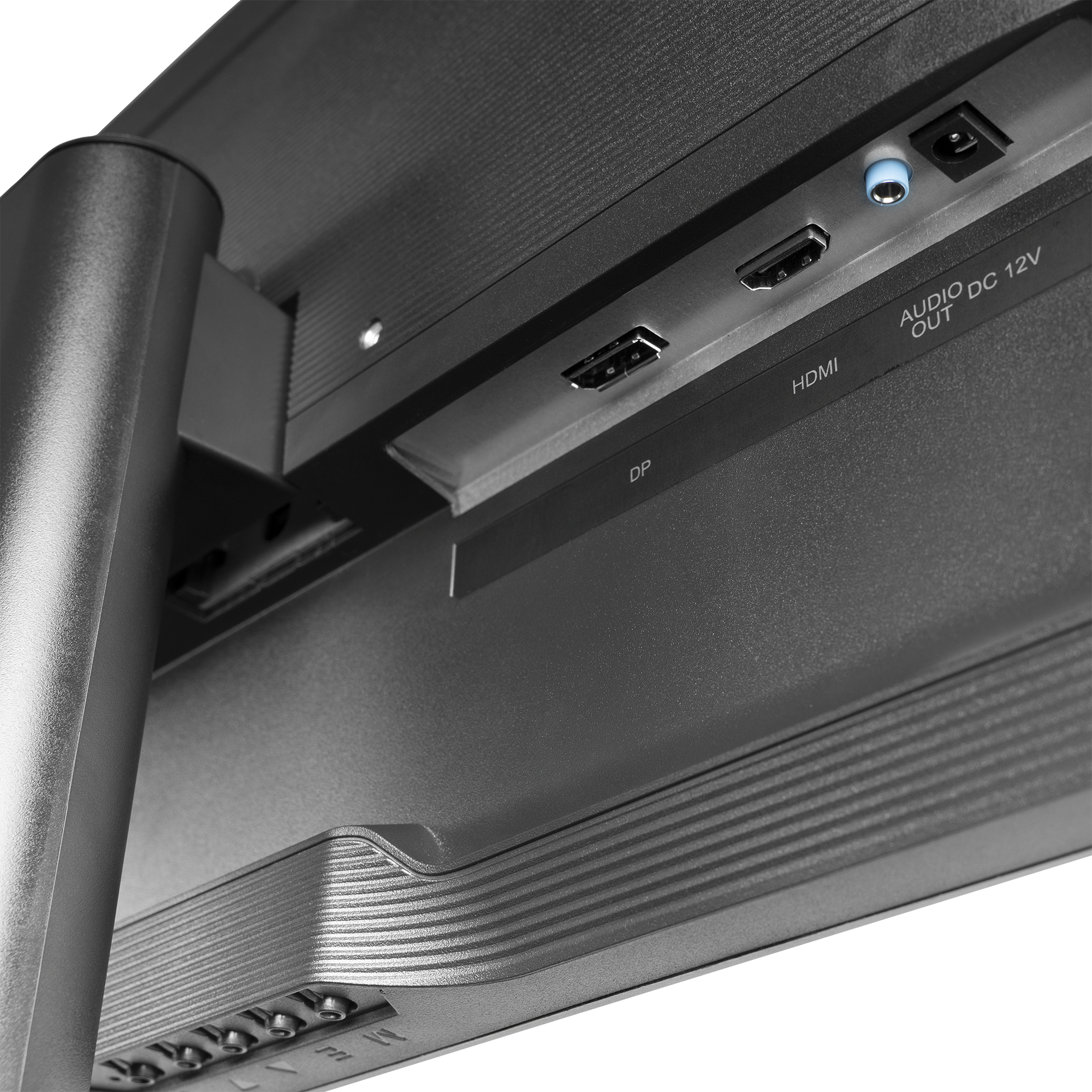Zbliżenie na tył monitora z portami, w tym HDMI i wyjściem audio.