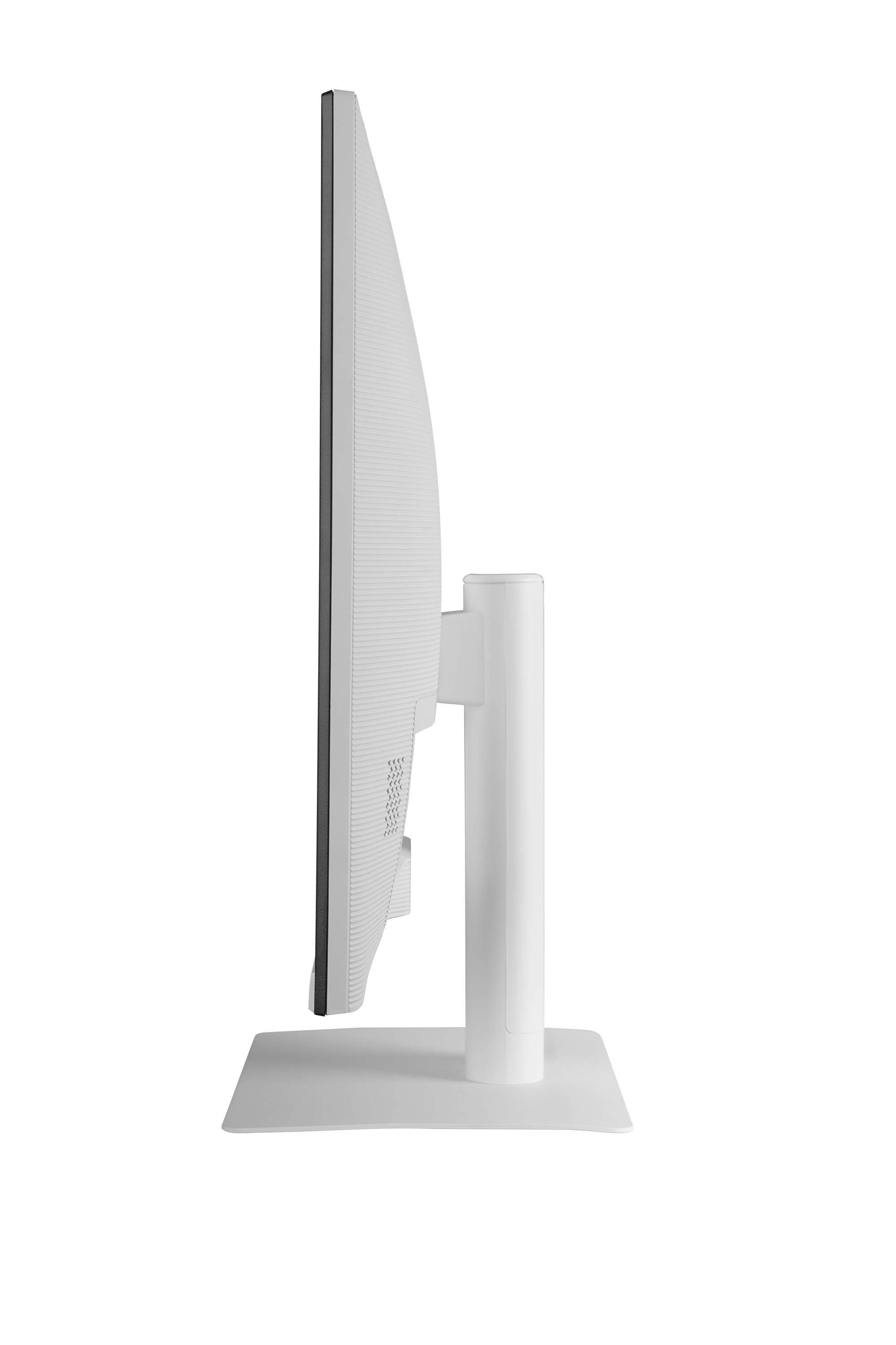 Biały monitor komputera z boku, na czarnym tle.