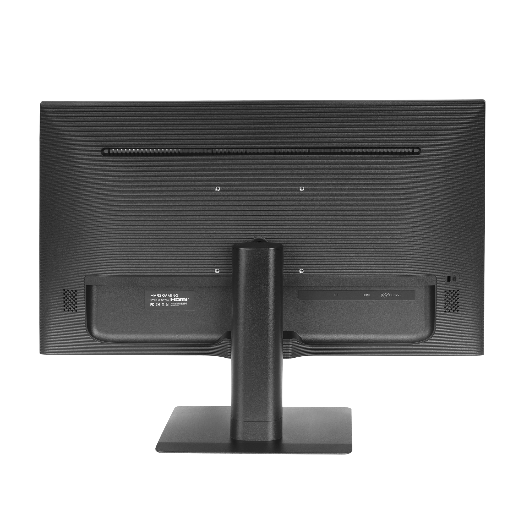 Tył czarnego monitora. Ma podstawę, wejścia i etykietę.