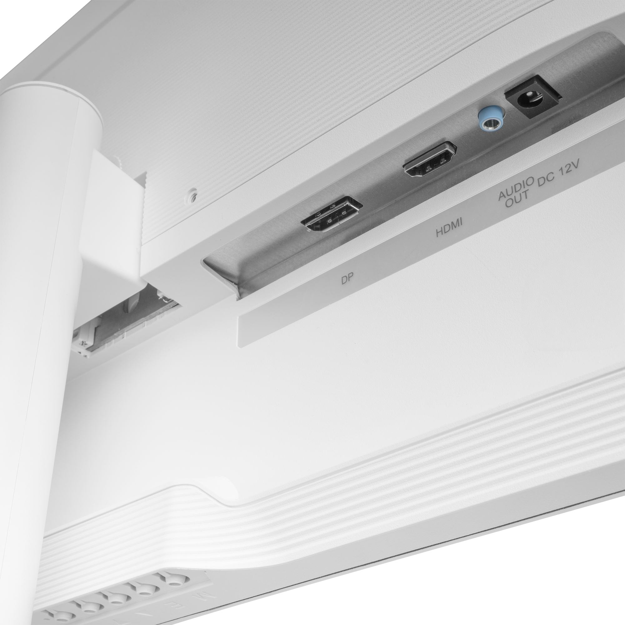 Widok z tyłu monitora z portami HDMI, DP i DC 12V OUT.