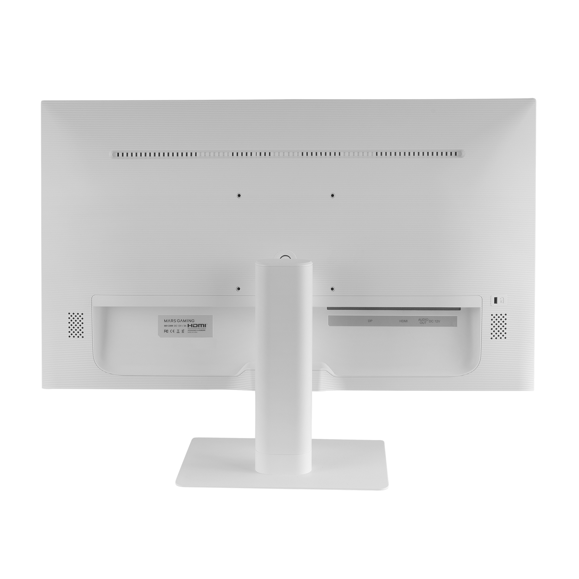 Widok z tyłu białego monitora komputera z białą podstawą. Posiada porty i etykietę.