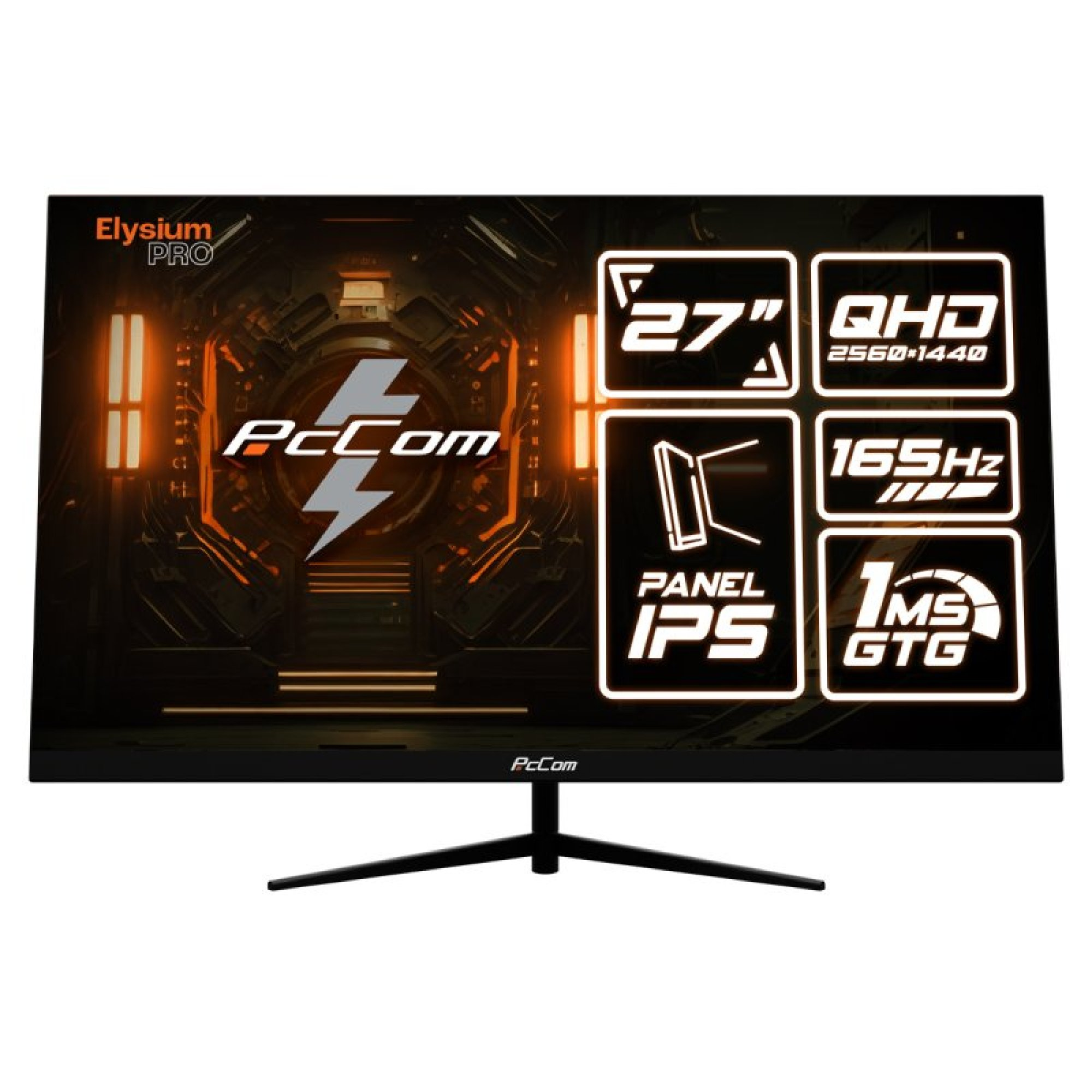 Un monitor de computadora con el texto 'Elysium PRO' e iconos con especificaciones.