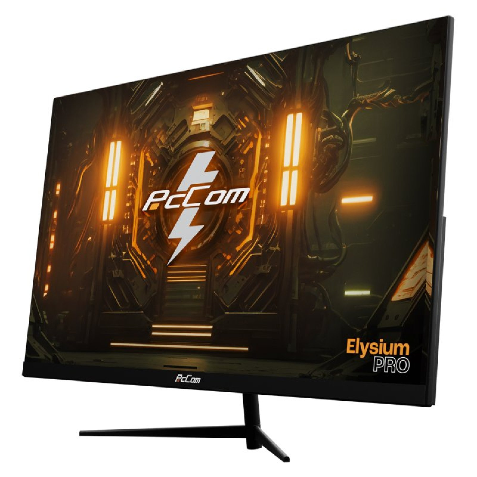 Un monitor ancho con el logotipo 'PcCom' y una pantalla que muestra una escena futurista.