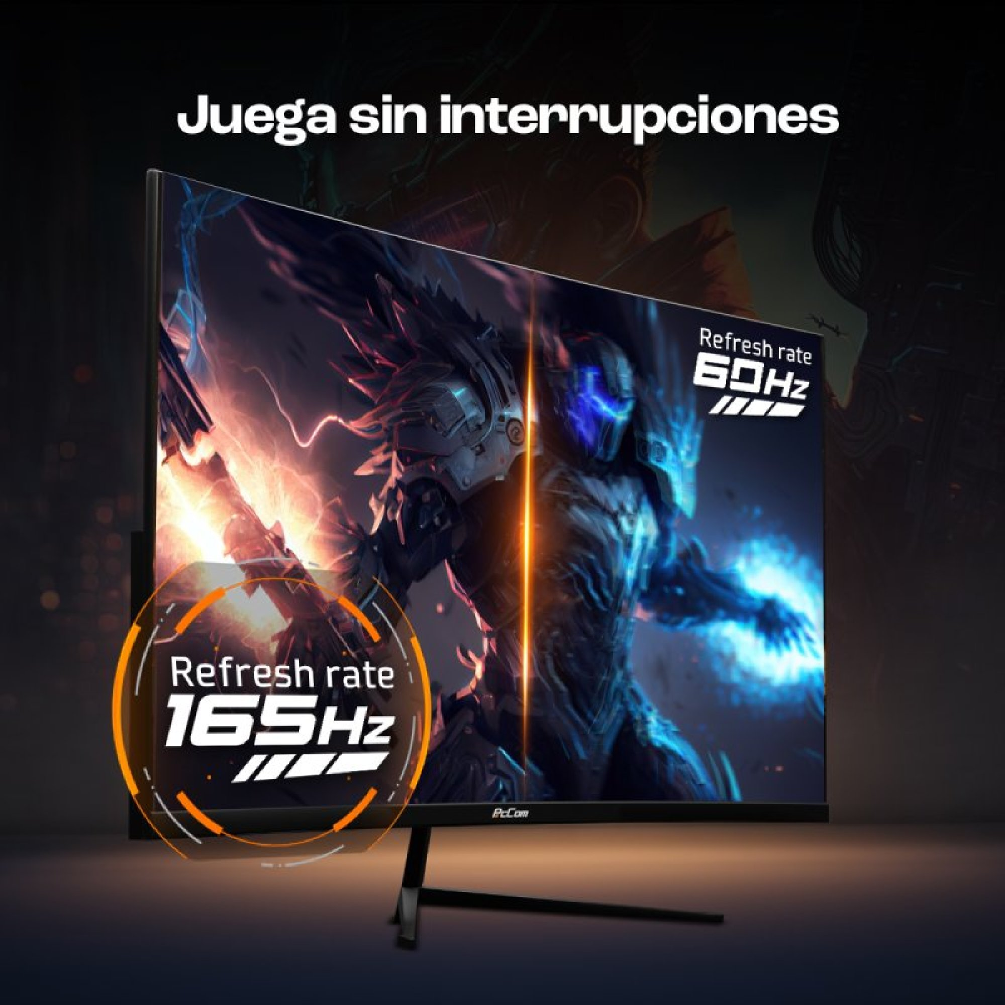 Monitor de juegos que muestra una escena de juego. La pantalla muestra una frecuencia de actualización de 165 Hz y 60 Hz.
