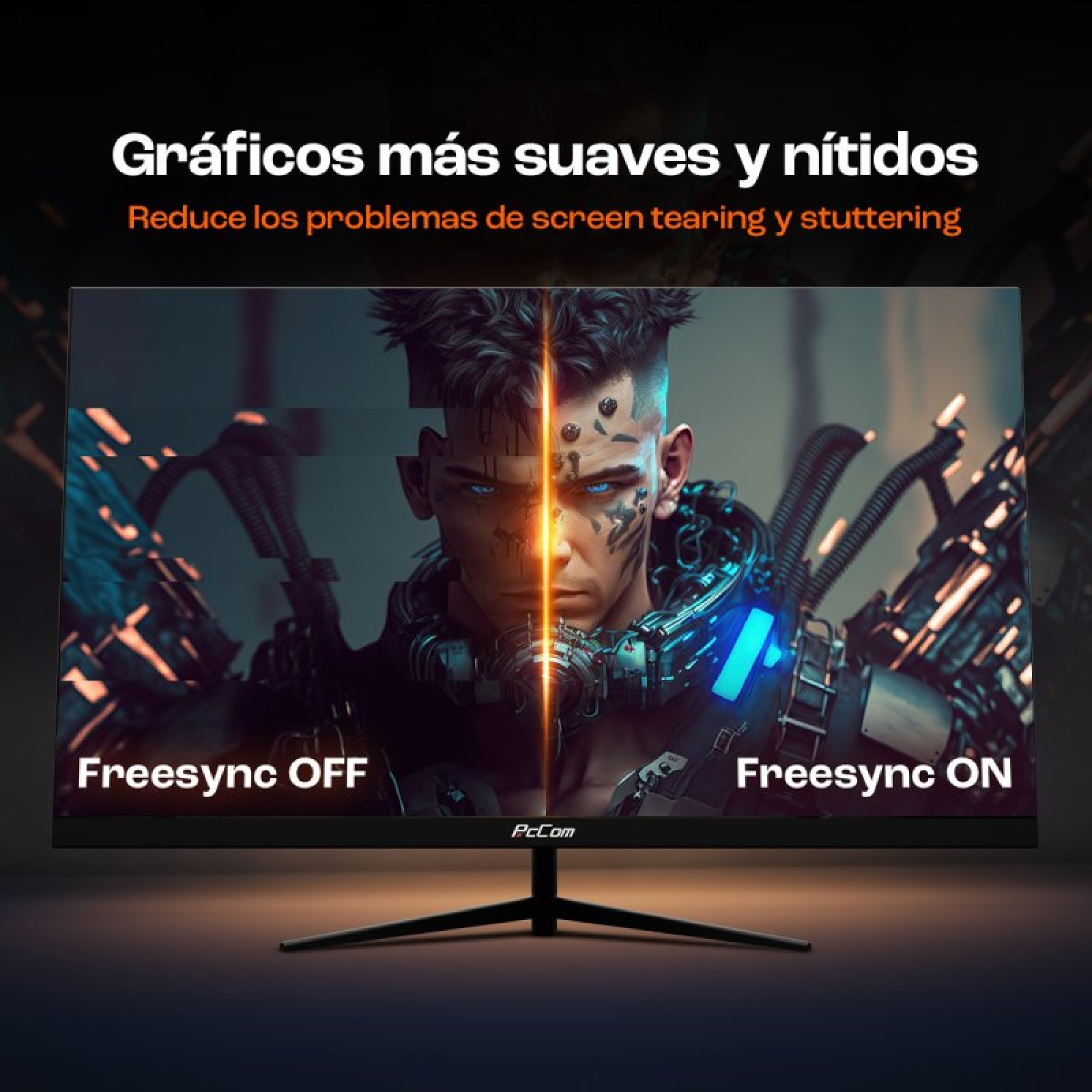 Pantalla de monitor dividida, mostrando Freesync OFF y ON, con rostro de hombre.