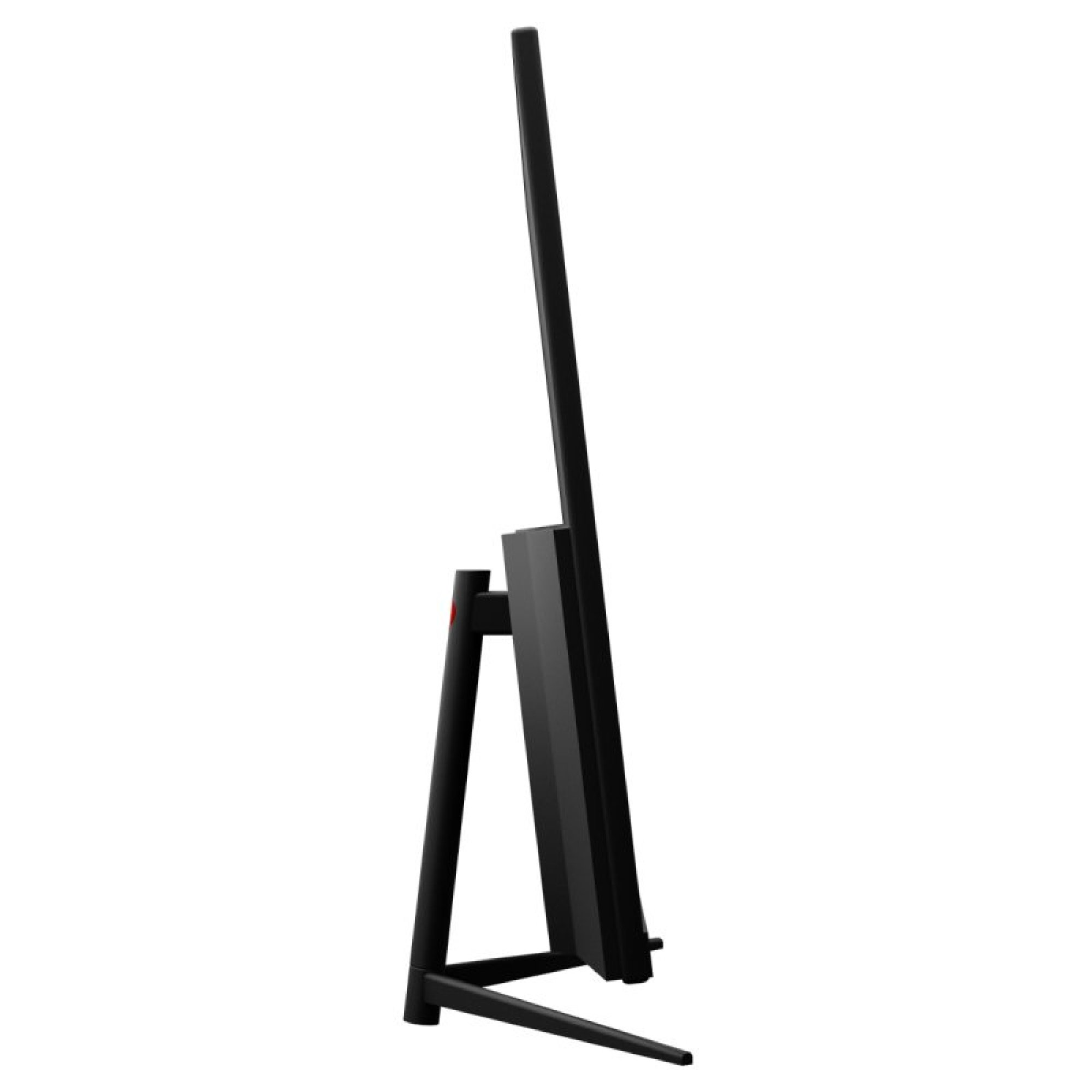 Monitor negro, vista lateral, con soporte. La pantalla es fina y negra. El soporte tiene un acento rojo.