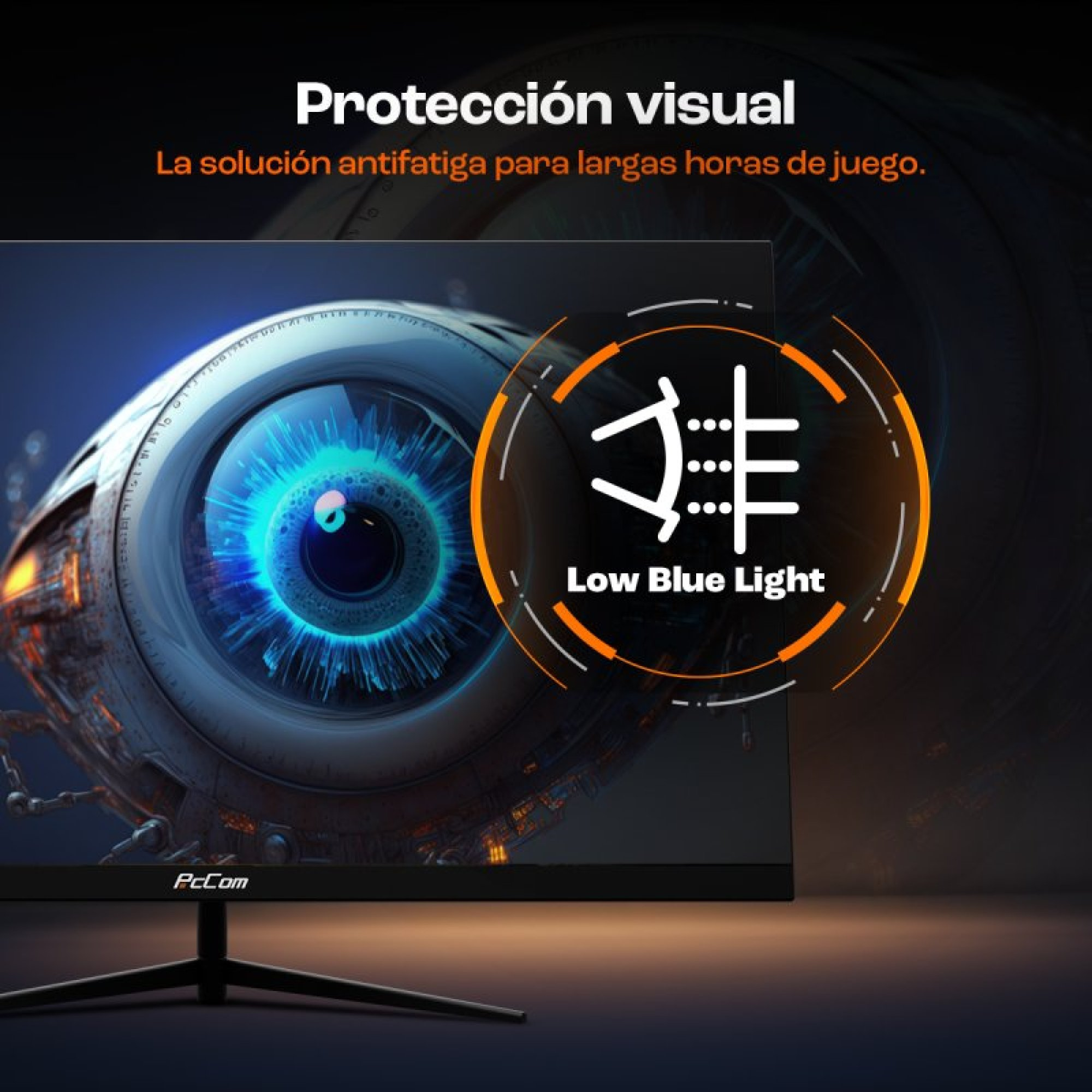 Un monitor de computadora con una imagen de ojo en la pantalla y un icono de 'Low Blue Light'.