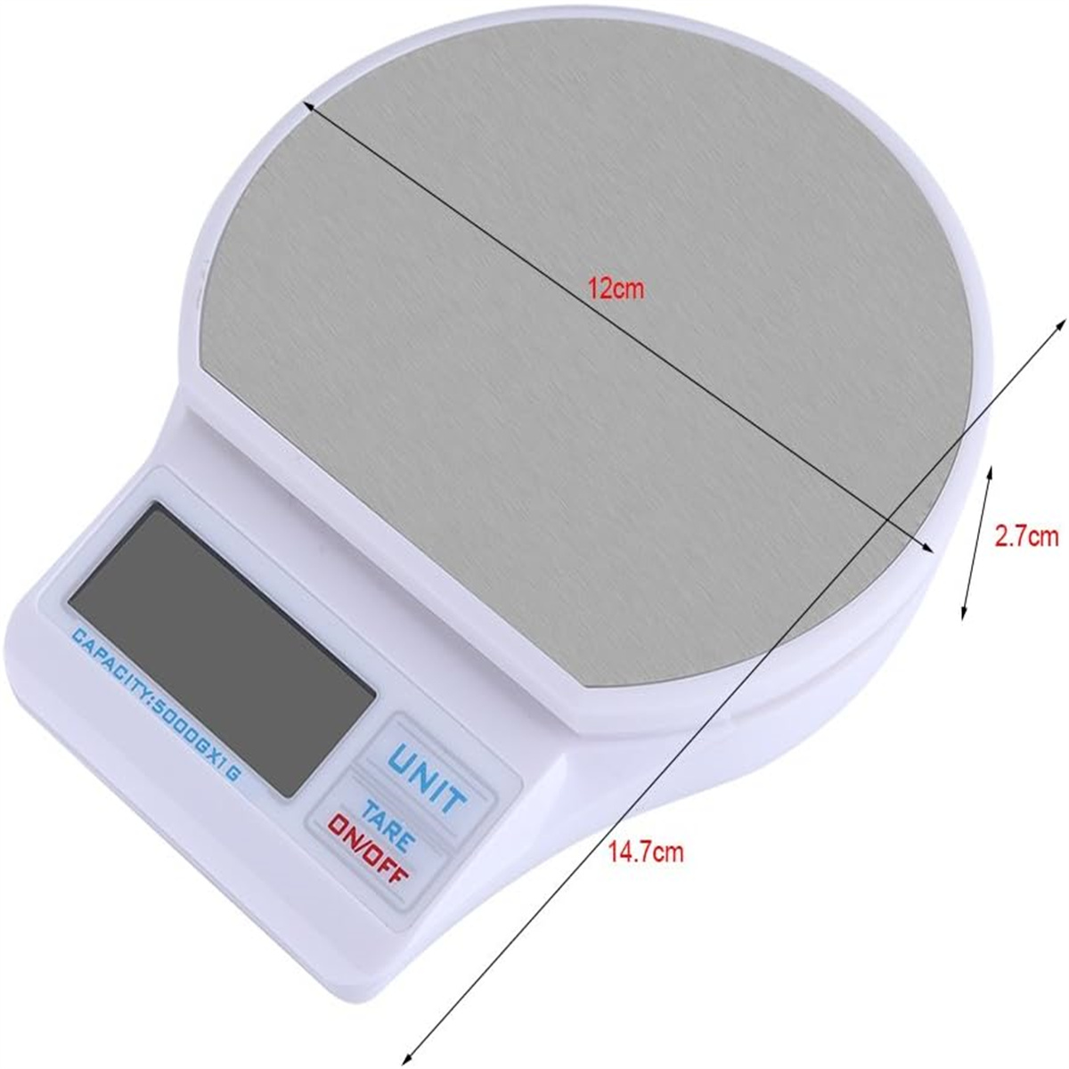Weiße Küchenwaage. Maße sind angegeben: 12 cm, 2,7 cm und 14,7 cm.