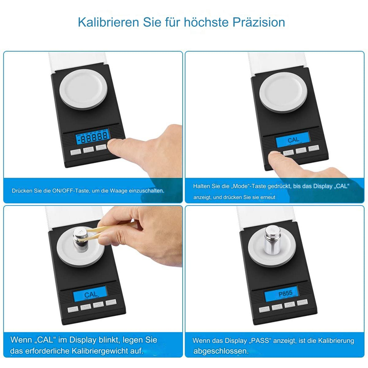 Vier Bilder, die zeigen, wie man eine Waage mit digitaler Anzeige kalibriert.