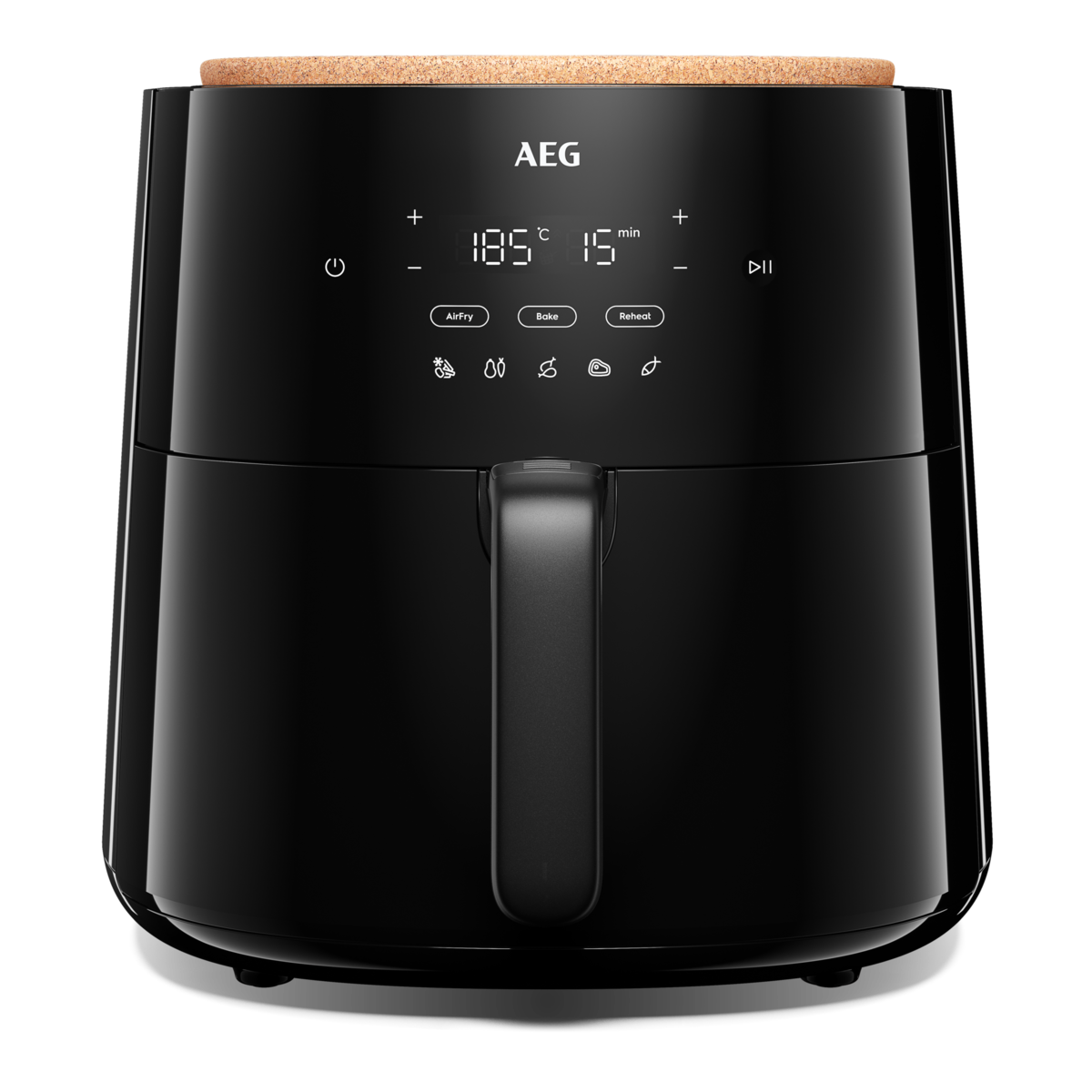 Freidora de aire AEG negra con pantalla digital. Muestra la configuración de temperatura y tiempo. Tiene un asa y una tapa similar al corcho.
