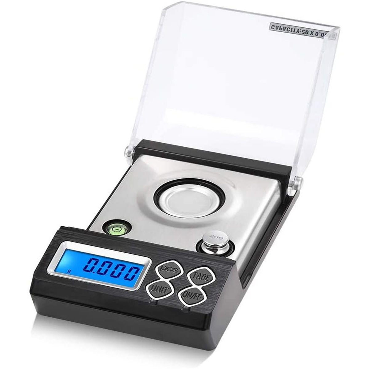 Digitale Waage mit blauem Display, das 0,000 anzeigt. Sie hat einen transparenten Deckel und eine Taste mit der Aufschrift '200'.