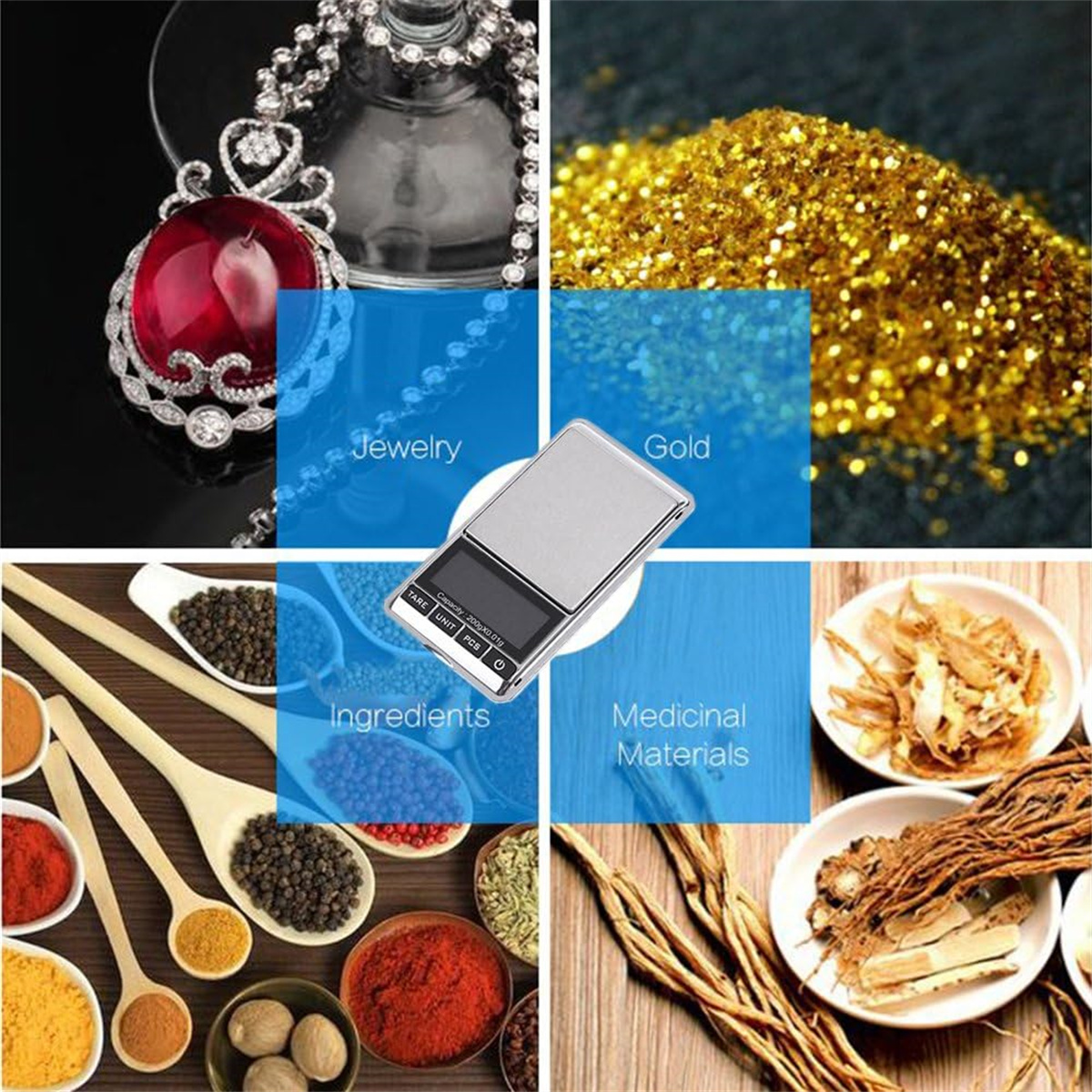 Verschiedene Zutaten, Schmuck, Goldglitter, eine Waage und Heilmittel.