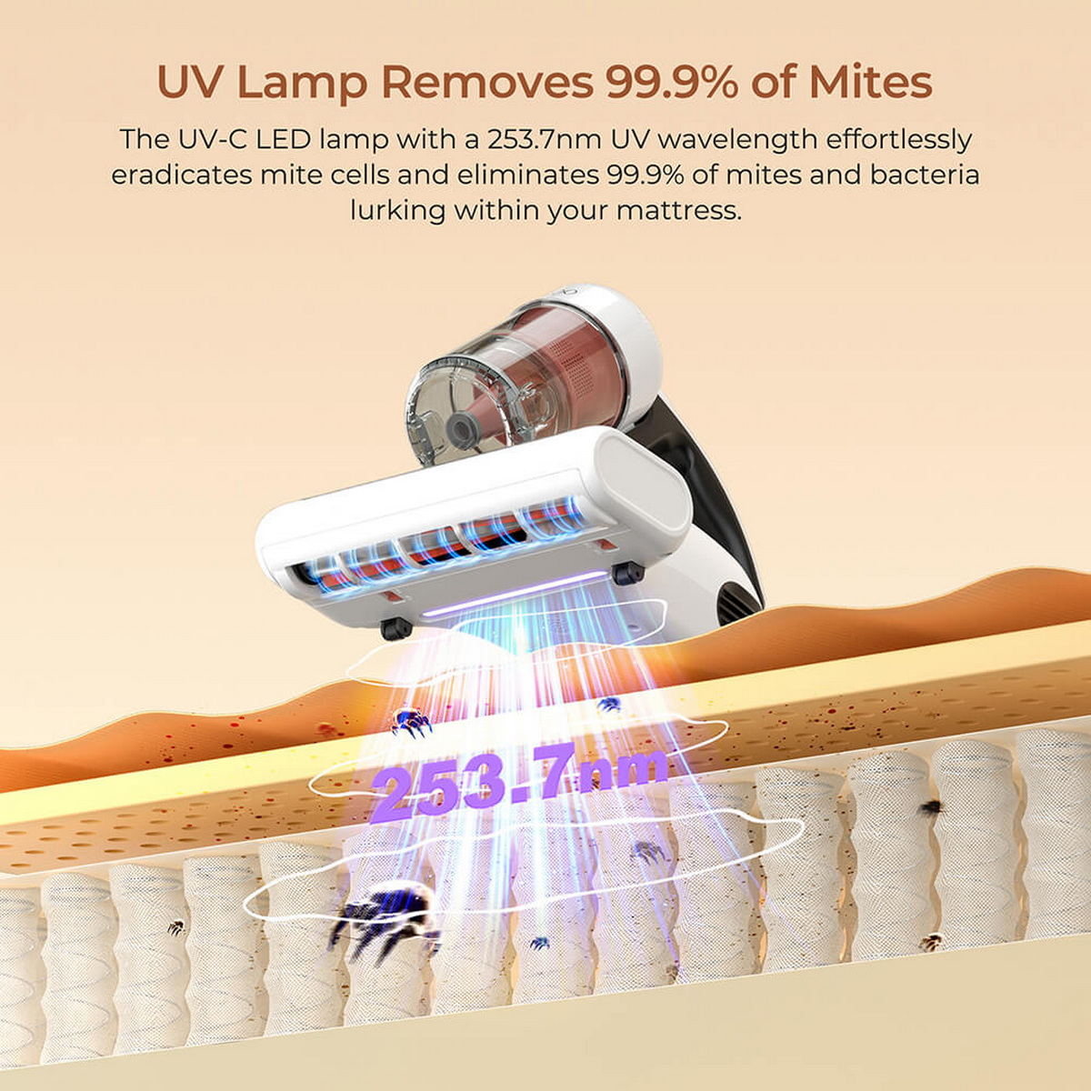 Lampa UV emituje światło na materac. Tekst mówi, że lampa usuwa 99,9% roztoczy.