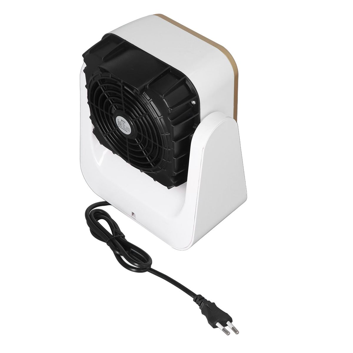 Ein weißer und schwarzer Ventilator. Er hat einen schwarzen Lüfter, weißen Körper und ein Kabel.